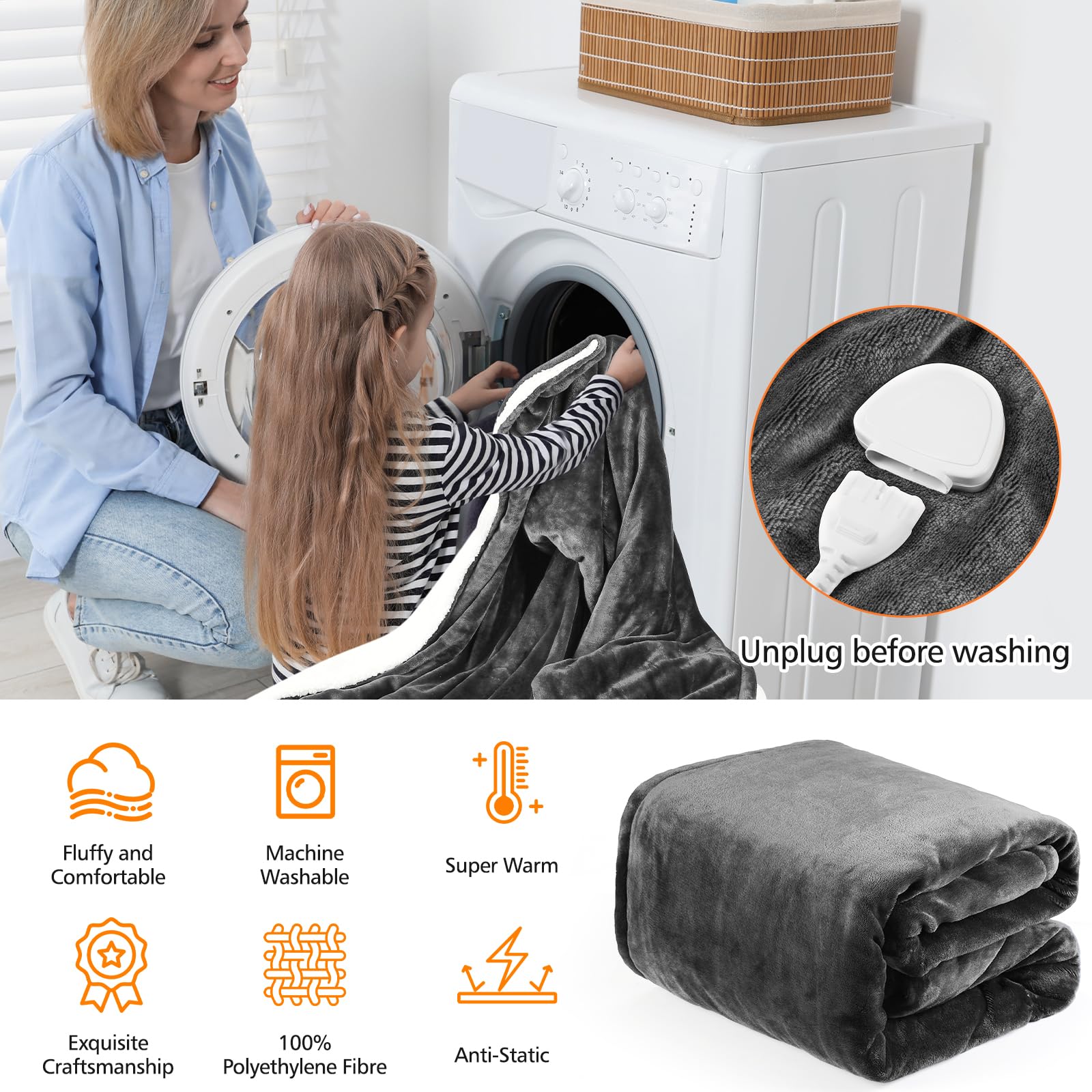 OneAmg Coperta Termica Elettrica,155x180cm con Tasca 6 Livelli di Riscaldamento,Timer 10H,Spegnimento Automatico Della Coperta Elettrica Telecomando Digitale,Lavabile in Lavatrice Grigio