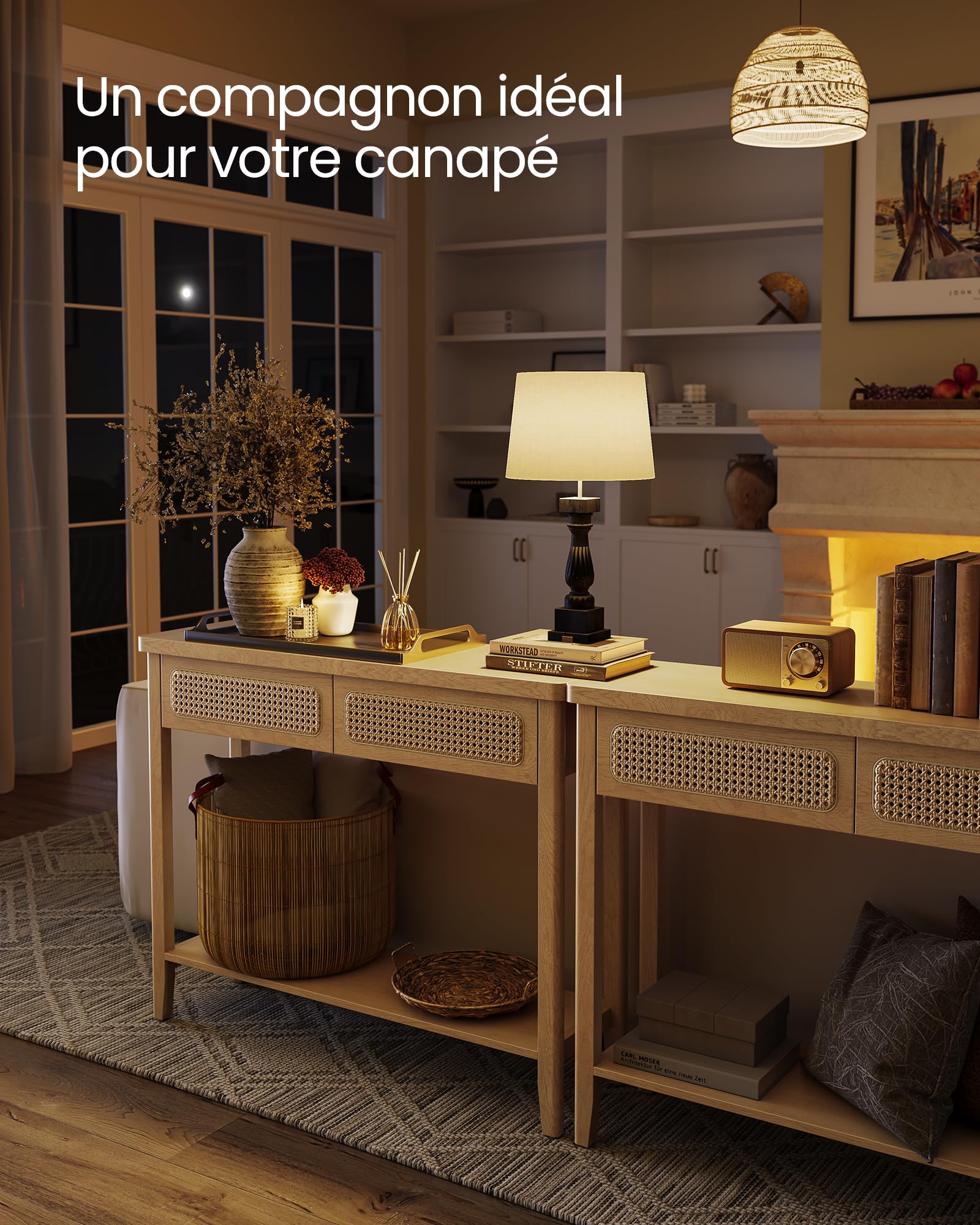 VASAGLE Table Console, Table d’Entrée, Bout de Canapé pour Salon, avec 2 Tiroirs, Étagère Ouverte, Coins Arrondis, Style Boho, Beige Chêne LNT016Y57