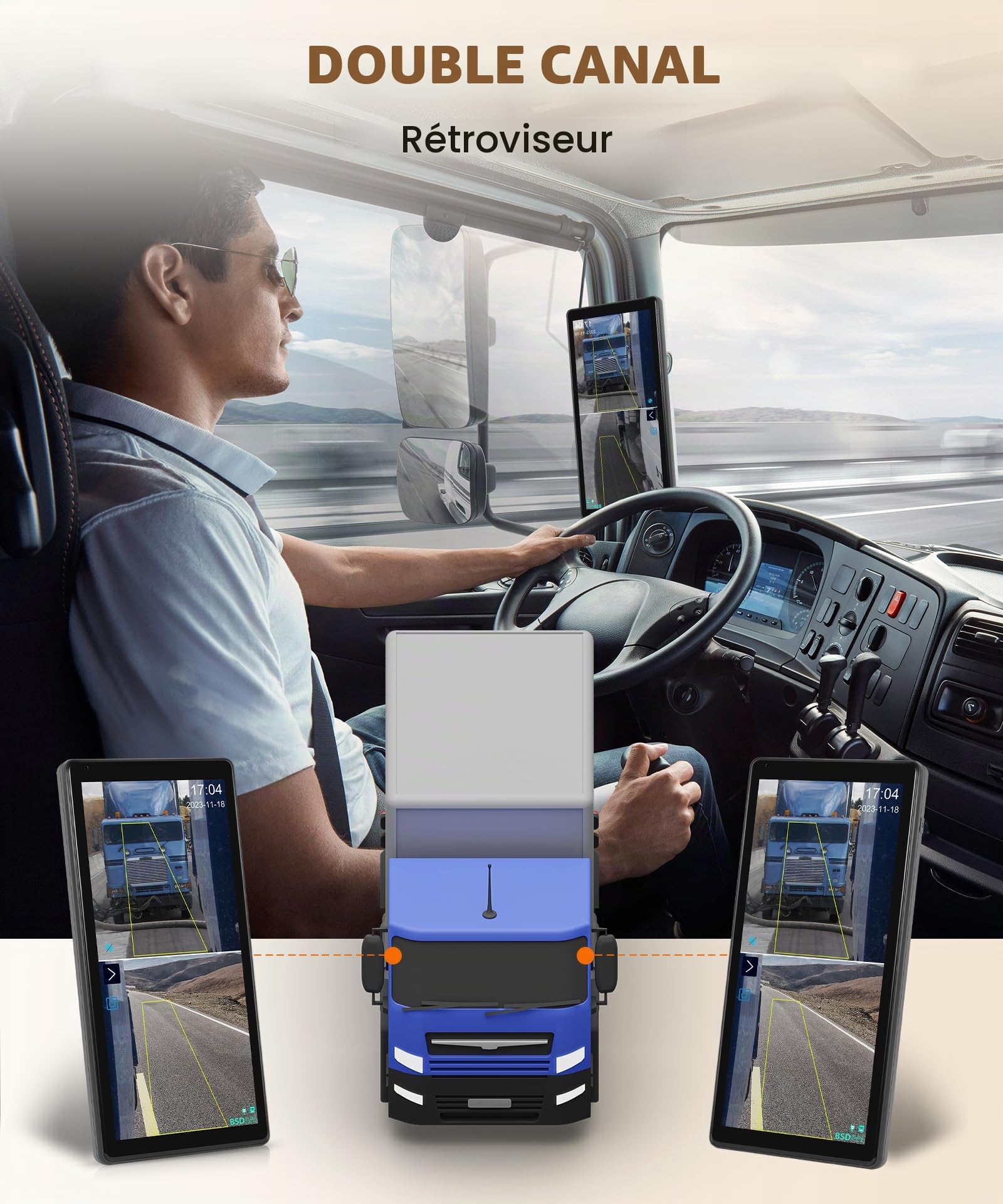 LKW Dual Rétroviseur Dashcam avec 2 Caméras de Recul, Rétroviseur Écran Vertical pour Camions et Bus, 10,36 Pouces Écran Tactile Systèmes BSD/DVR/Enregistrement en Boucle/IP68 Étanche/Vision Nocturne