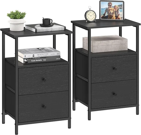 VASAGLE Nightstand Set of 2, Side Tables with 2 Fabric Drawers, 24-Inch Tall End Tables with Storage Shelf, Bedroom, Ash Black and Black ULGS225B21