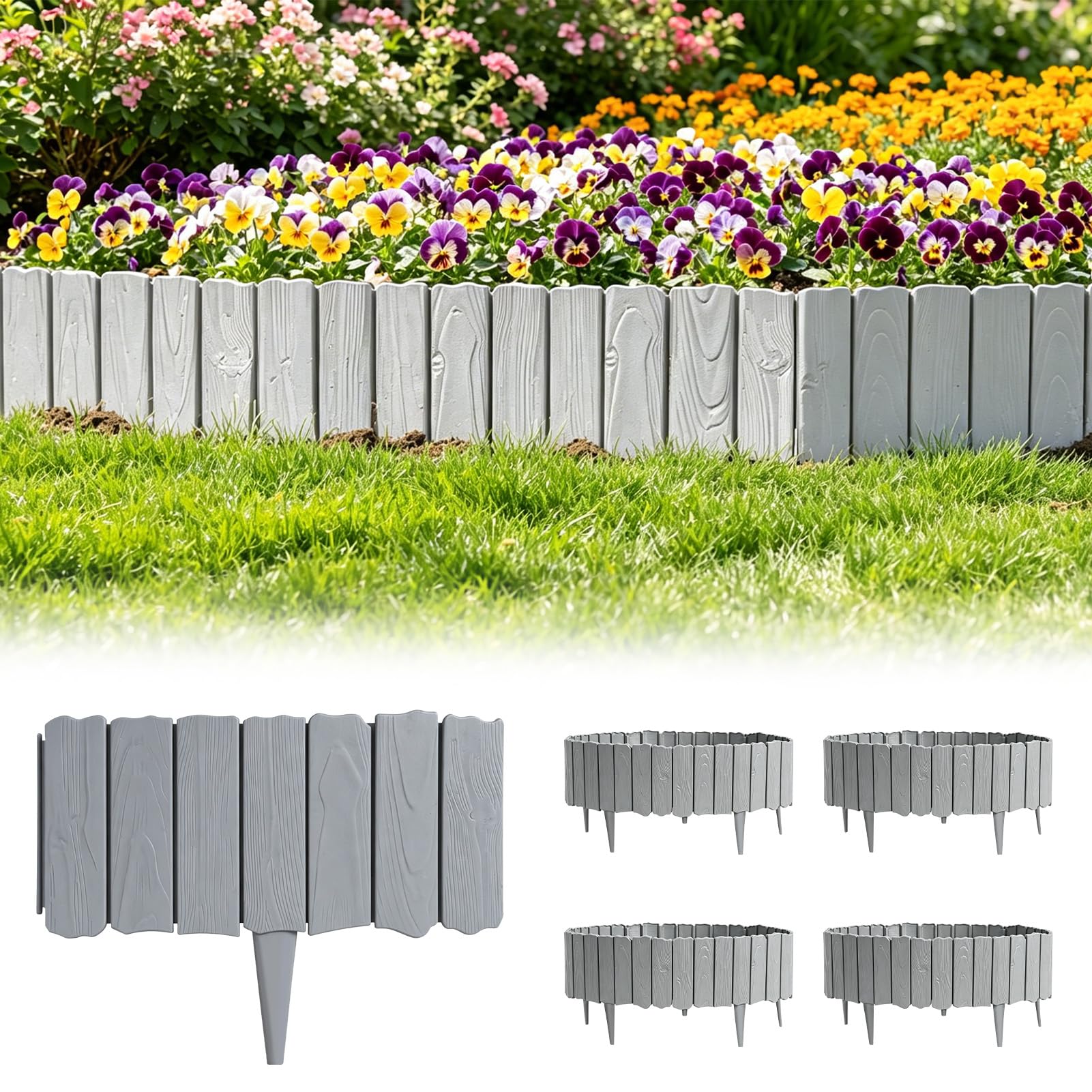Victoam 20PCS Garden Edging Border, 5.7M Flexible PP Lawn Edging, Weather Resistant Wood Grain Lawn Border Decor, No Dig Outdoor Flower Bed Edging for Flower Bed Lawn Pathway (Gray)