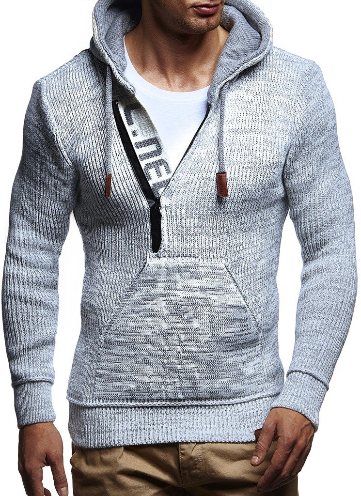 Leif Nelson Herren Pullover mit Kapuze Slim Fit Longseleeve Schwarzer Männer Strickpullover - Sweatshirt - Winterpullover Kapuzenpullover - Hoodie Pulli Langarm LN5450 Ecru-Grau XX-Large
