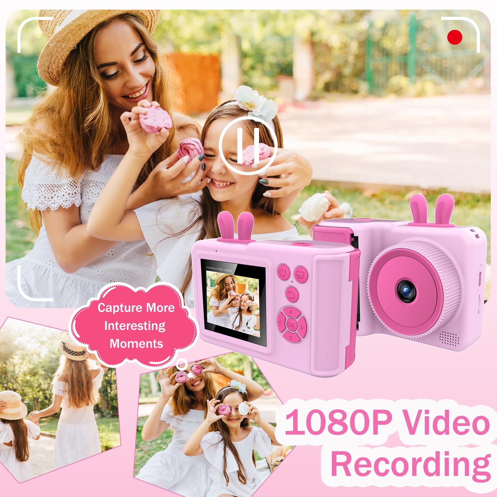 YINOCHE Fotocamera per bambini, stampa istantanea, fotocamera per bambini con foto stampabili, giocattoli per bambini dai 3 ai 14 anni, fotocamera digitale, regalo di compleanno per ragazze (rosa)