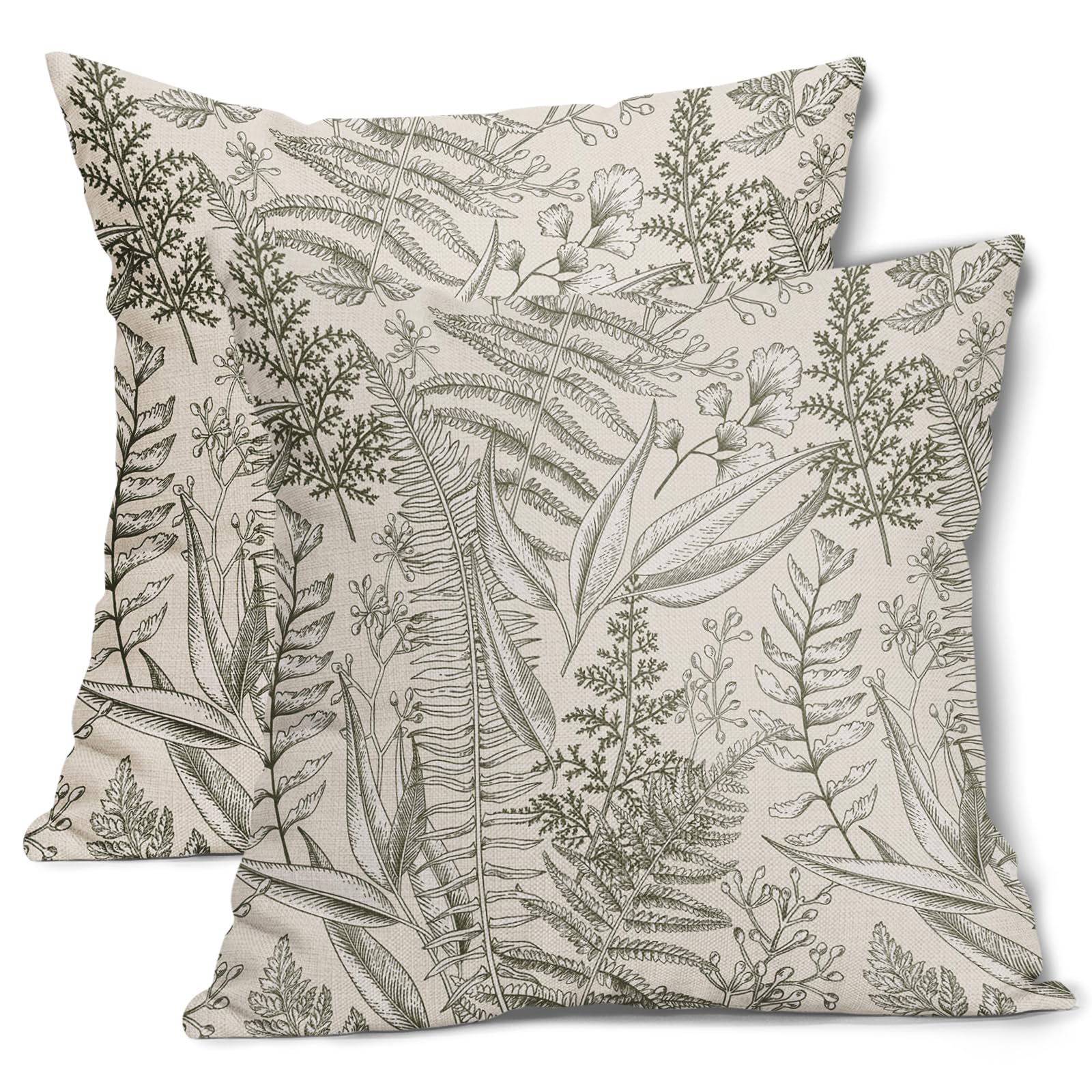 Olive Green Leaf Plant Pillow Covers 20X20 Inch Herbs Botanical Fern Vintage Leaves Floral Decorative Pillow Cases Set of 2 Cotton Linen Throw Pillows Farmhouse Home Decor For Sofa Couch Outdoor