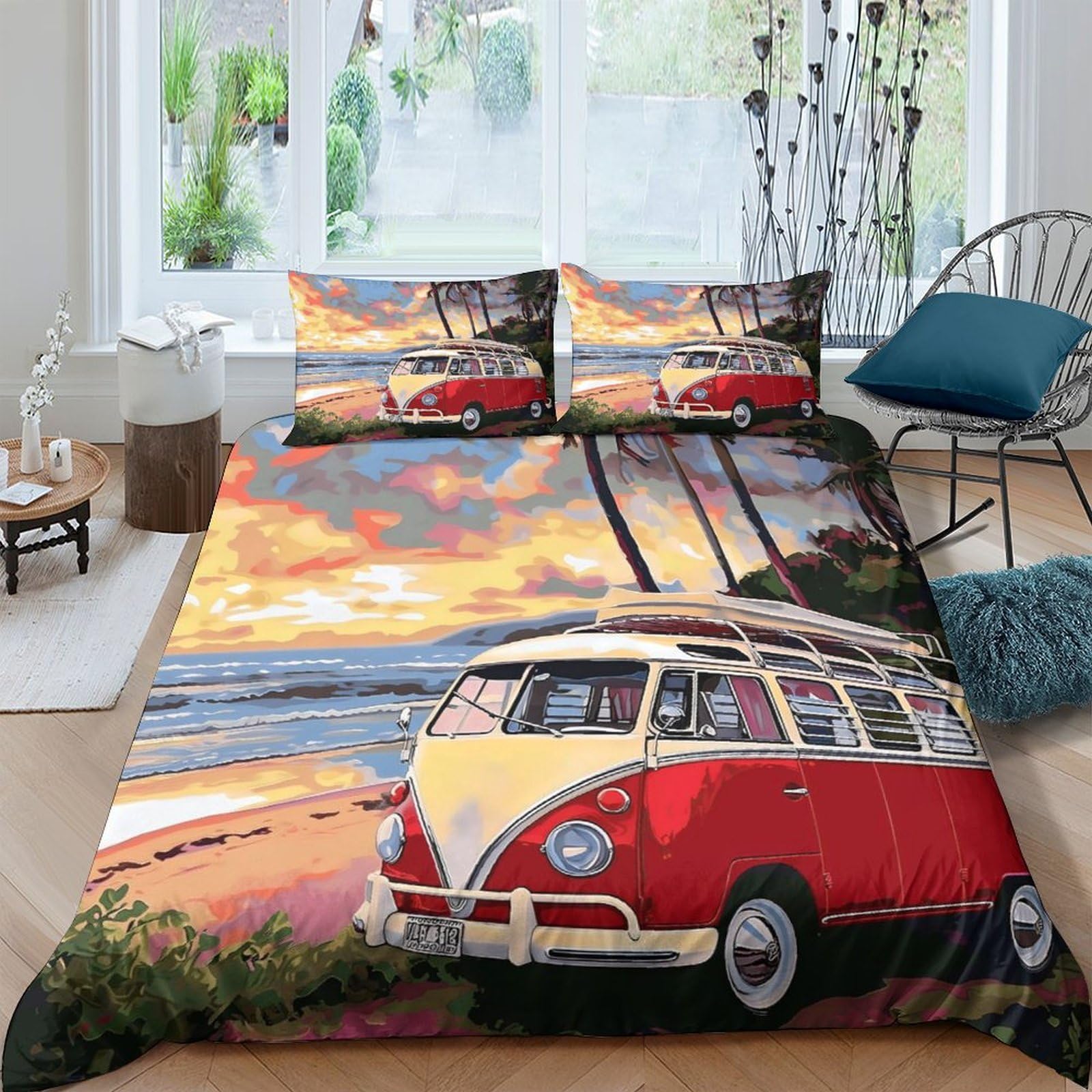 Ctjqhvkz Style-2 3D Printed Sunset Beach Fitted Sheet Microfiber Soft Red Camper Mattress Cover Decor For Bedroom Guest Room Single（135X200cm）