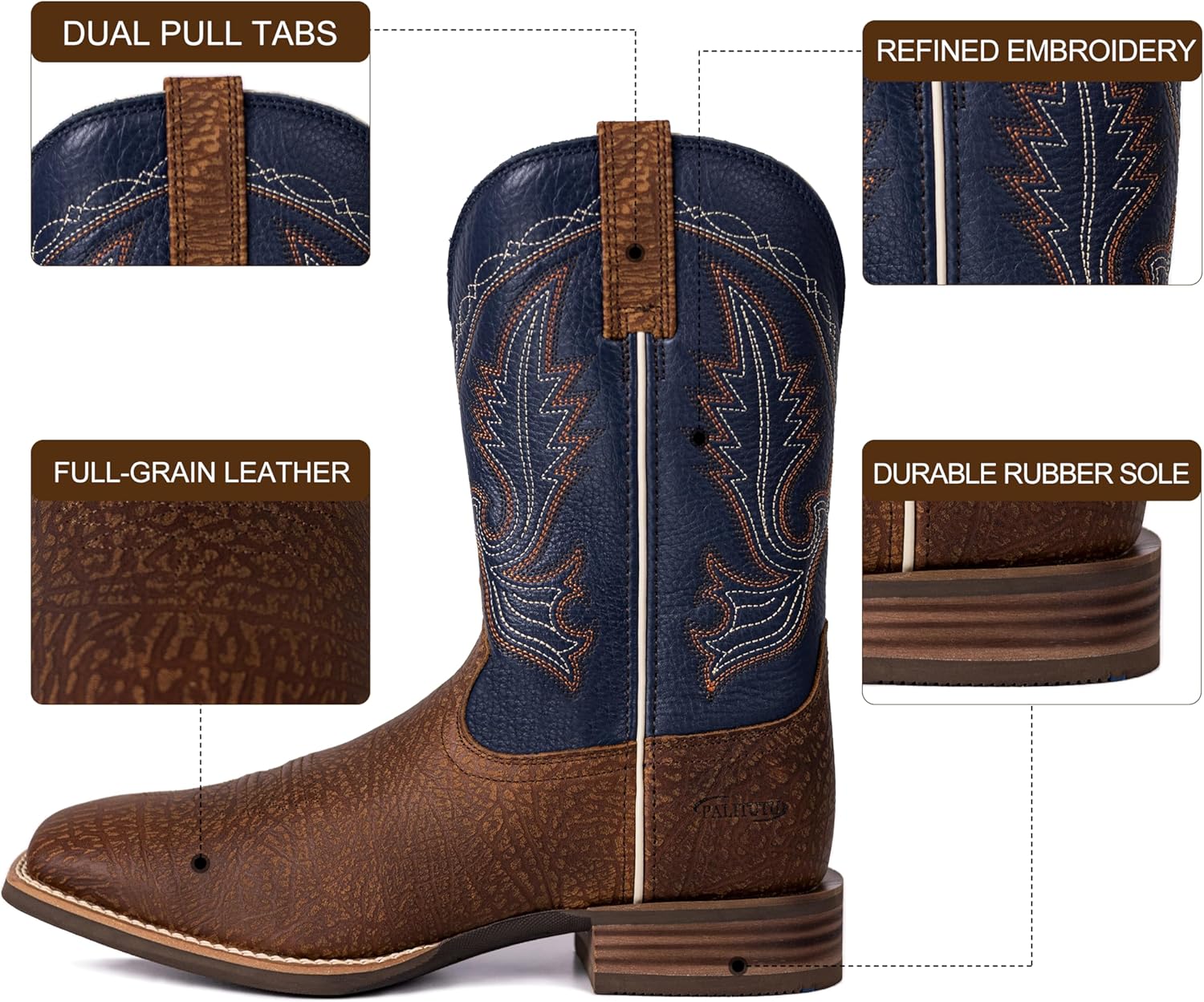 Palitutu Men’s Western Cowboy Boots, Fashionable Embroidered Full Grain Leather, Square Toe Pull-On, 4-Layer Composite Sole, Slip-Resistant Work & Riding Boots