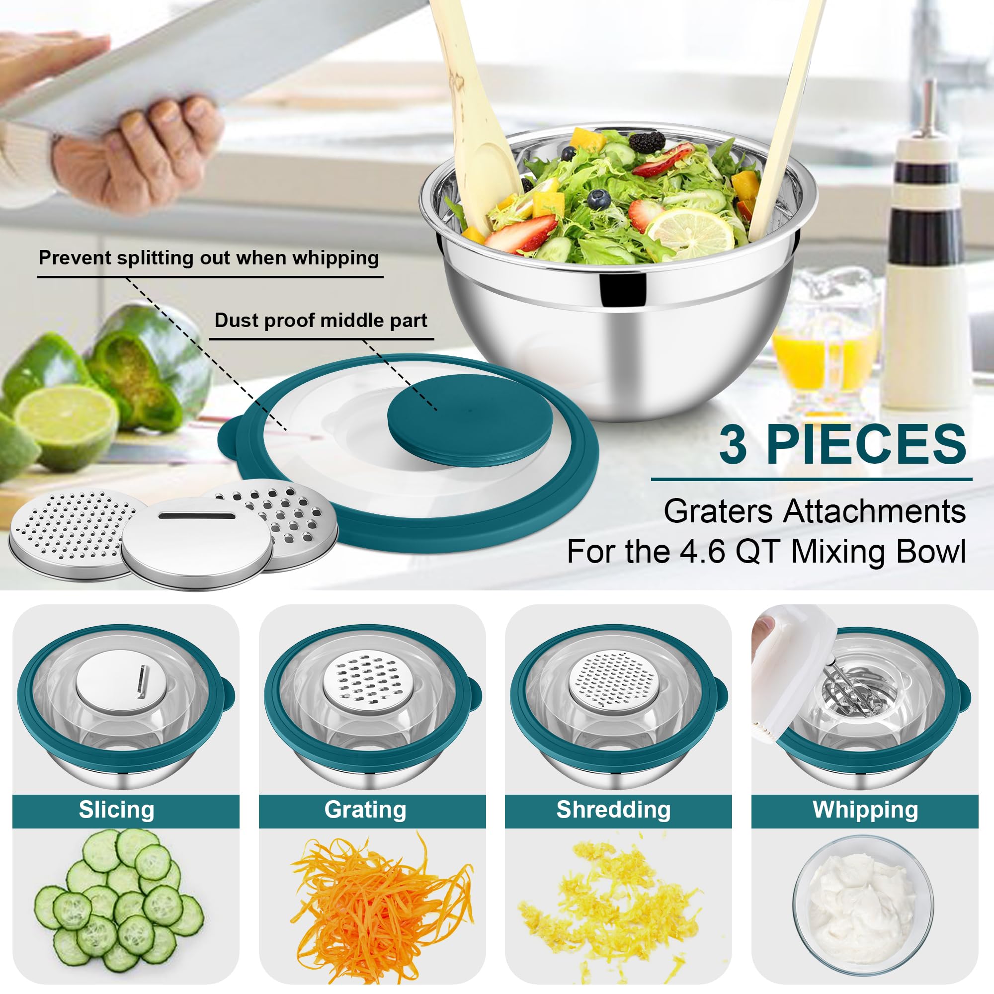 E-far Juego de 5 cuencos para mezclar, de acero inoxidable, con tapa transparente, cuenco anidable de metal con 3 accesorios de rallador para preparación, servir, hornear, almacenamiento,