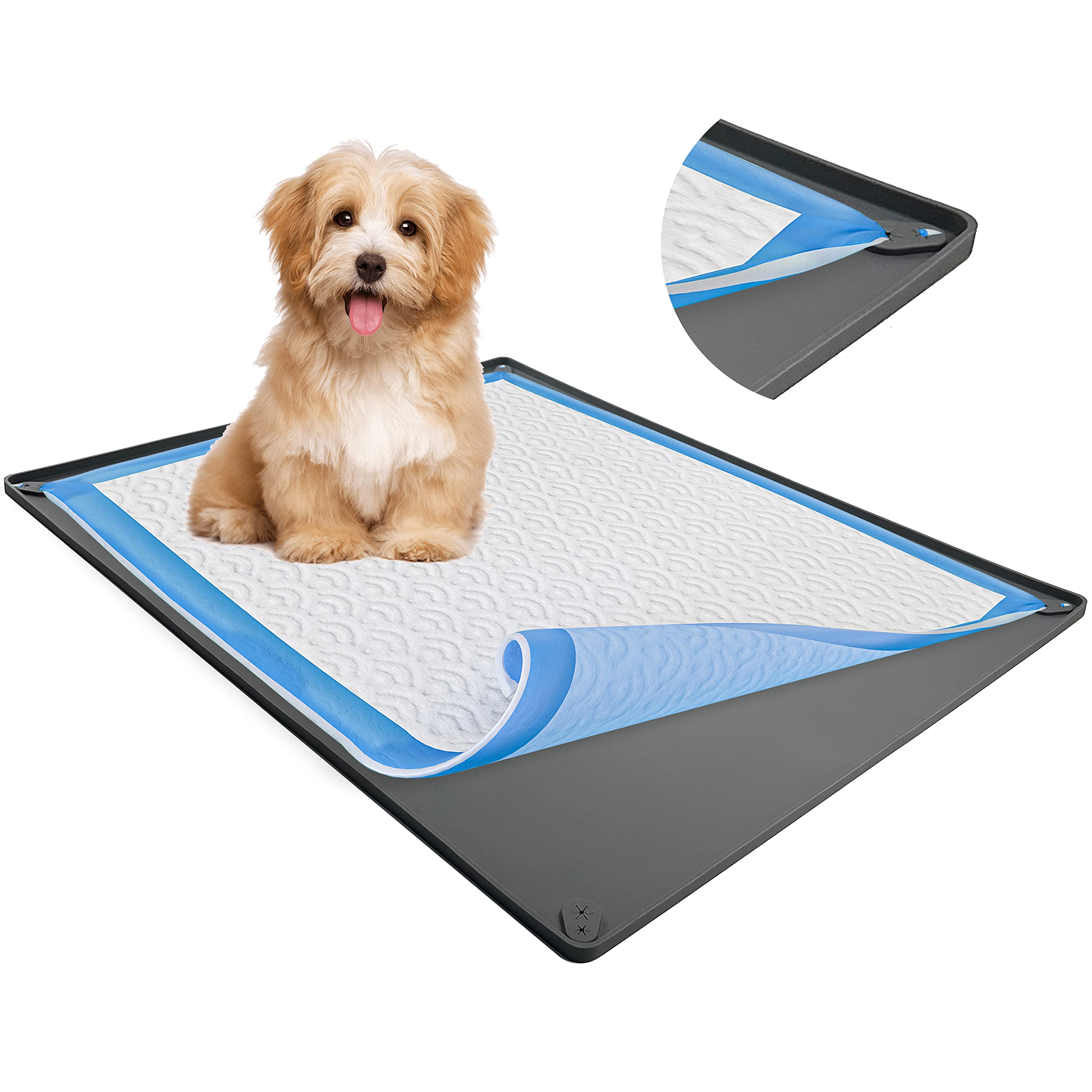TidyFriend Dog Pee Pad Holder Tray Fits for 30” x 36” Pee Pads with Corner Lock Holes, Raised Edges, Non-Spill, Easy to Clean Silicone Dog Potty Tray Holder, for Indoor Floor Protection (Grey)