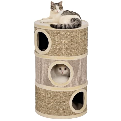 PawHut Barril Rascador para Gatos de 3 Niveles Ø45x79 cm Caqui y Café