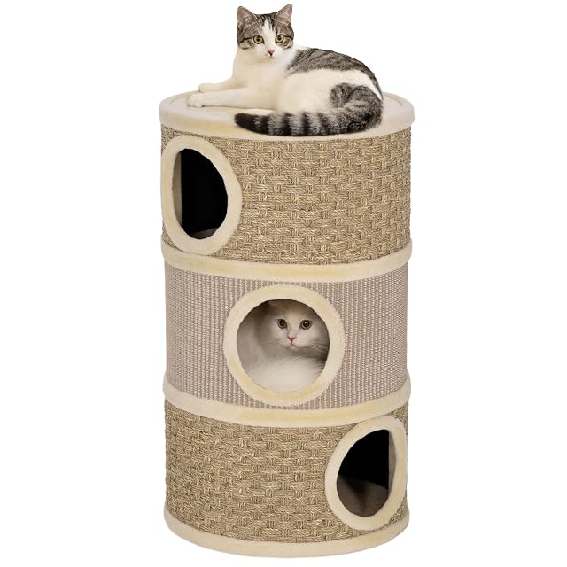 PawHut Barril Rascador para Gatos de 3 Niveles Ø45x79 cm Caqui y Café
