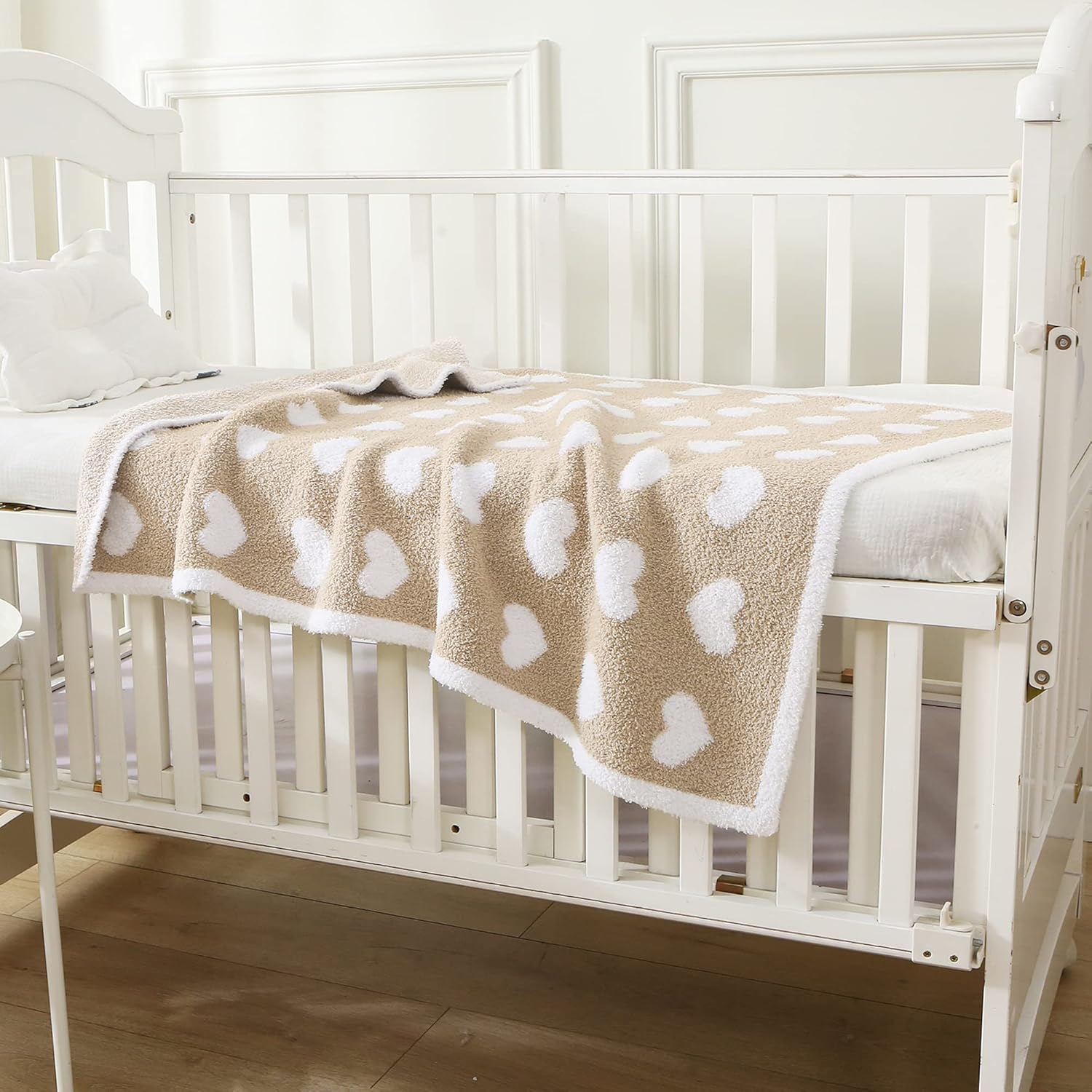 BOBOYOYO Plush Baby Blankets for Newborn Girls Boys Heart Soft Fuzzy Warm Swaddle Receiving Blanket 30 x 40 Polyester Toddler Blanket for Crib Stroller Nursery Khaki - Image 5