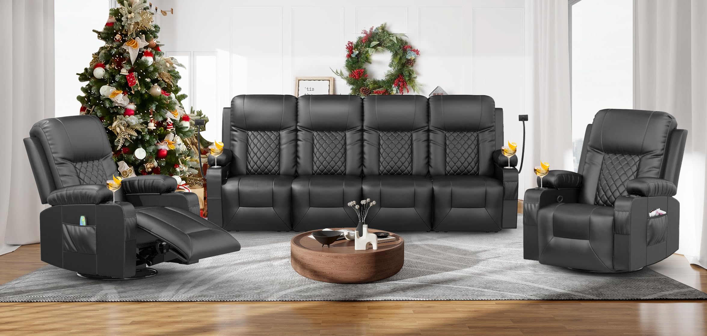 Oversized Recliner Sofa Set with 4+1+1 Pieces in Living Room, 4 Seater Reclining Sofa, 2 Recliner Chair with 360 Degree Swivel Single Sofa Seat