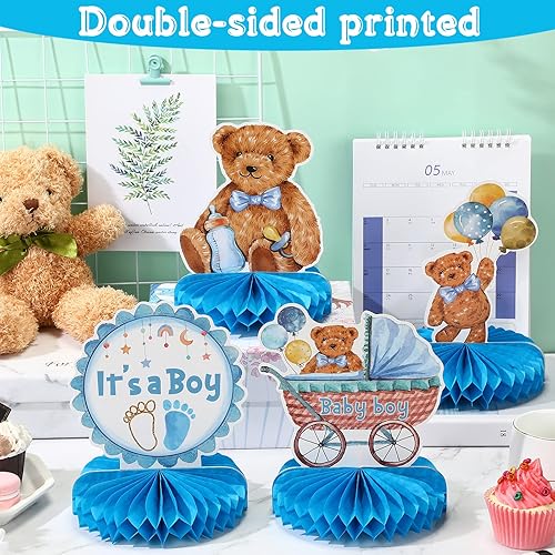 Miniatura 7 de 9 piezas de centro de mesa de panal de oso con texto en inglés "It's a Boy", decoración de mesa de baby shower, suministros de fiesta de oso azul,