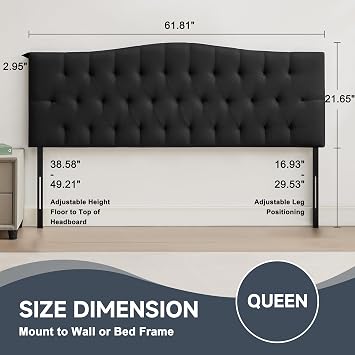 Tufted Upholstered Queen Size Headboard Only, Adjustable 38-50 in, Black