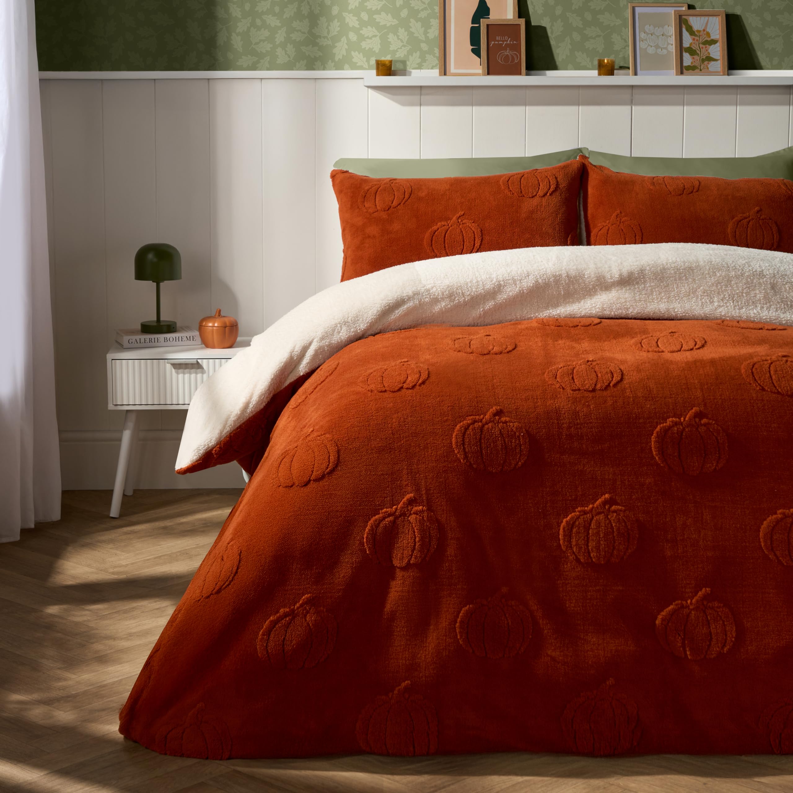OHS Pumpkin Tufted Teddy Fleece Duvet Set - Burnt Orange - King Size - Super Soft Thermal Bedding