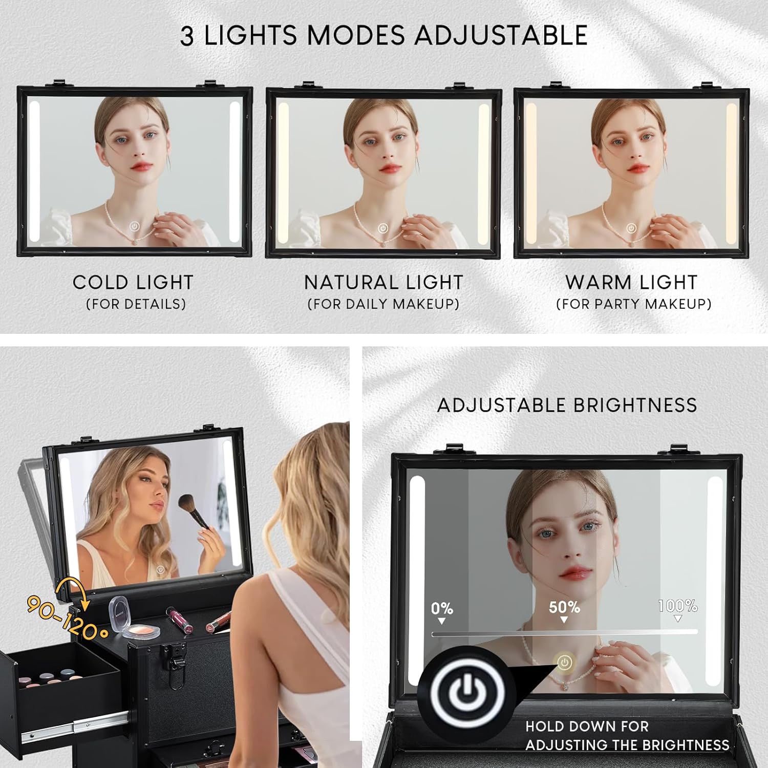 Rolling Makeup Case with lighted mirror, Cosmetology Case on Wheels with LED Mirror, Professional Salon Trolley Cart with Drawer,Travel Makeup Lockable Beauty Organizer with Live Stream Light