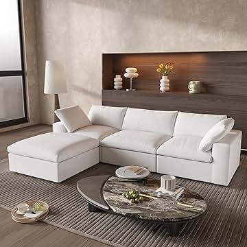 Cloud Couch Modular Sectional Sofa with Storage Ottoman,L Shaped Couch for Living Room,120.45inch Down Filled 4 Seater Convertible Sectional Sofas,Covers Washable&Replaceable (White)
