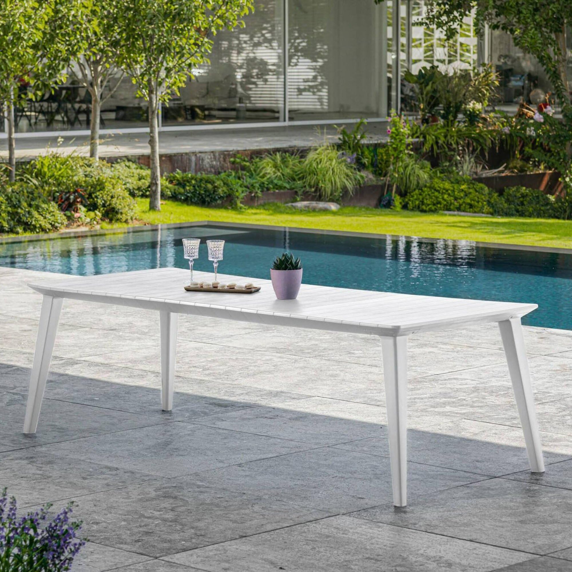 Dmora Tavolo da Esterno Lezzeno 98x235x74h cm Bianco 10 Posti Meccanismo Estensione Allunga Centrale, Resistente ai Raggi uv
