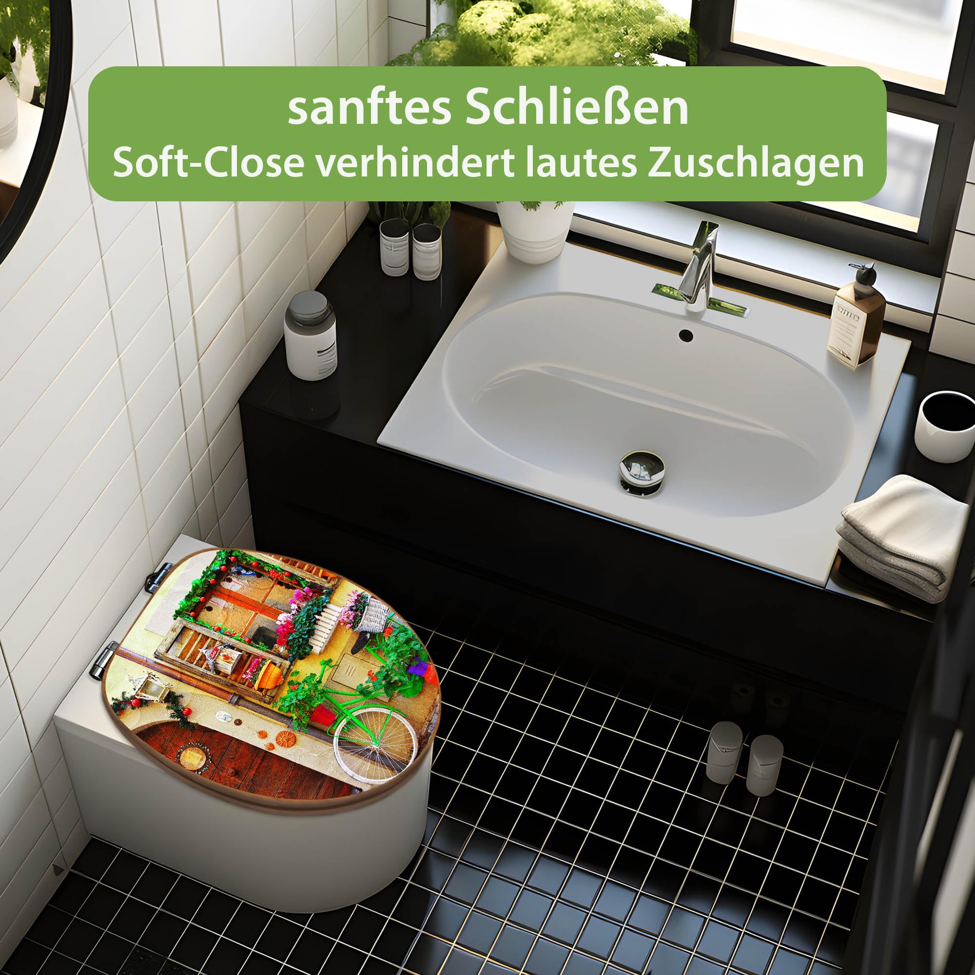 banjado Design WC Sitz Bambus Absenkautomatik 45,8x37,5cm - Toilettendeckel mit Absenkautomatik Holz - hochwertiger Bambus Klodeckel - WC-Sitz für gängigen Toiletten - Motiv Grünes Fahrrad