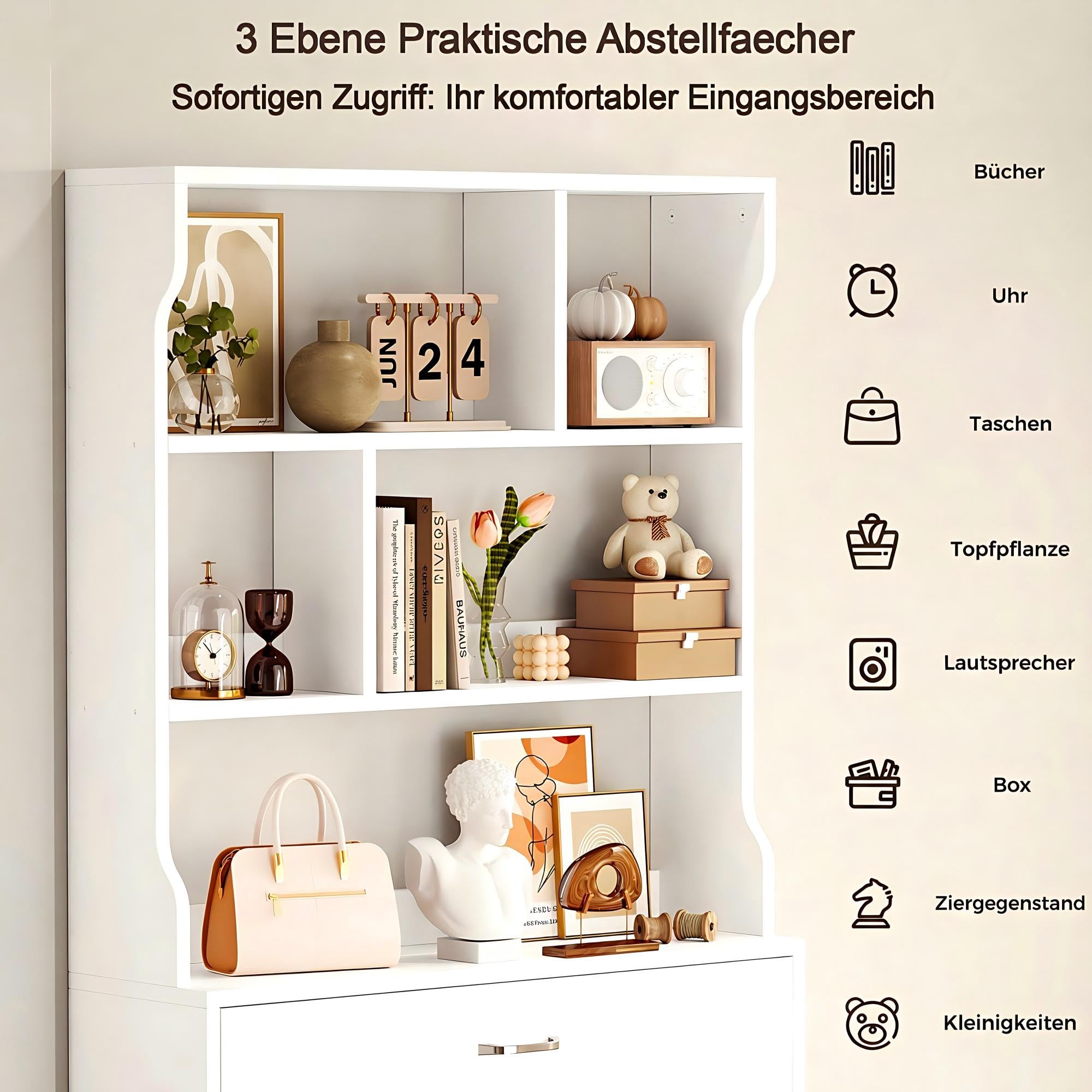 IRONCK Schuhschrank 2 Klappen, Schuhkipper Schmal, Schuhregal offenes Fach, Hohe Schuhaufbewahrung Holz Schuhkommode mit verstellbaren Trennwände für Flur Eingang Wohnzimmer, 24x80x165cm (Weiß)