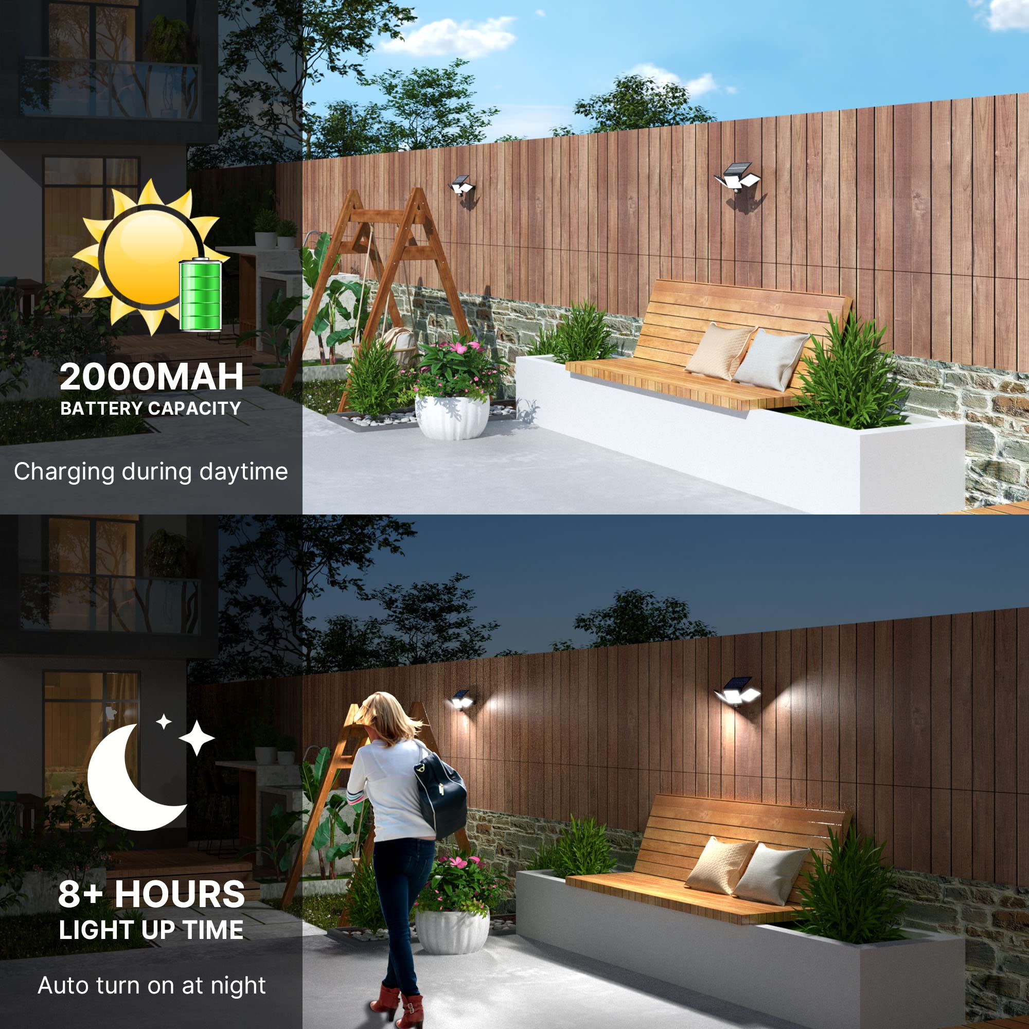 Lot De 2 Lampe Solaire Extérieur 100LED, Avec Détecteur De Mouvement, Ip65 Extérieur étanche, Avec 3 Modes, Pour Jardin, Clôture, Terrasse, Porte D'entrée, BUNS