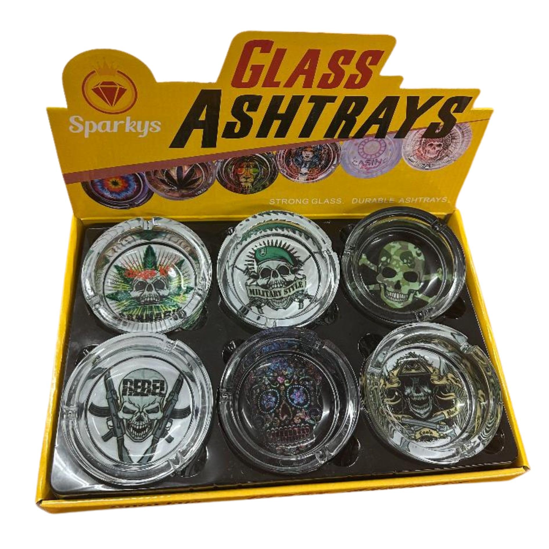 6Pcs Glass Ash Tray for Cigarettes, Cigars and Smoking Perfect for Pubs, Novelty print theme indoor/outdoor premium glass ashtray, ash-tray, ash-trays