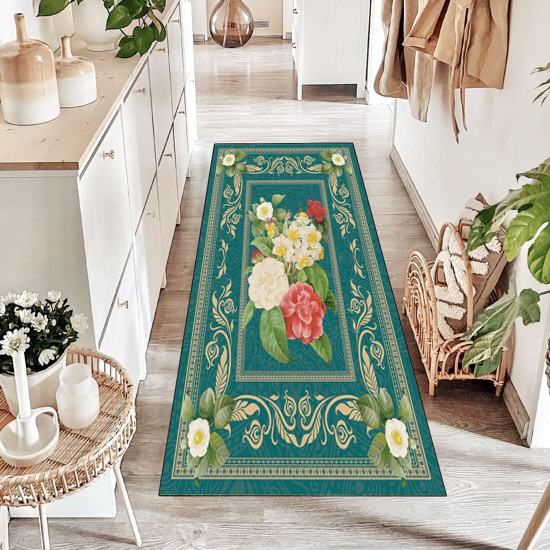 Teppich Läufer Flur Teppichläufer Küchenläufer Küche Teppiche rutschfest Waschbar Bettvorleger für Flur Waschküche, 100x450cm Weiße rote Blumen