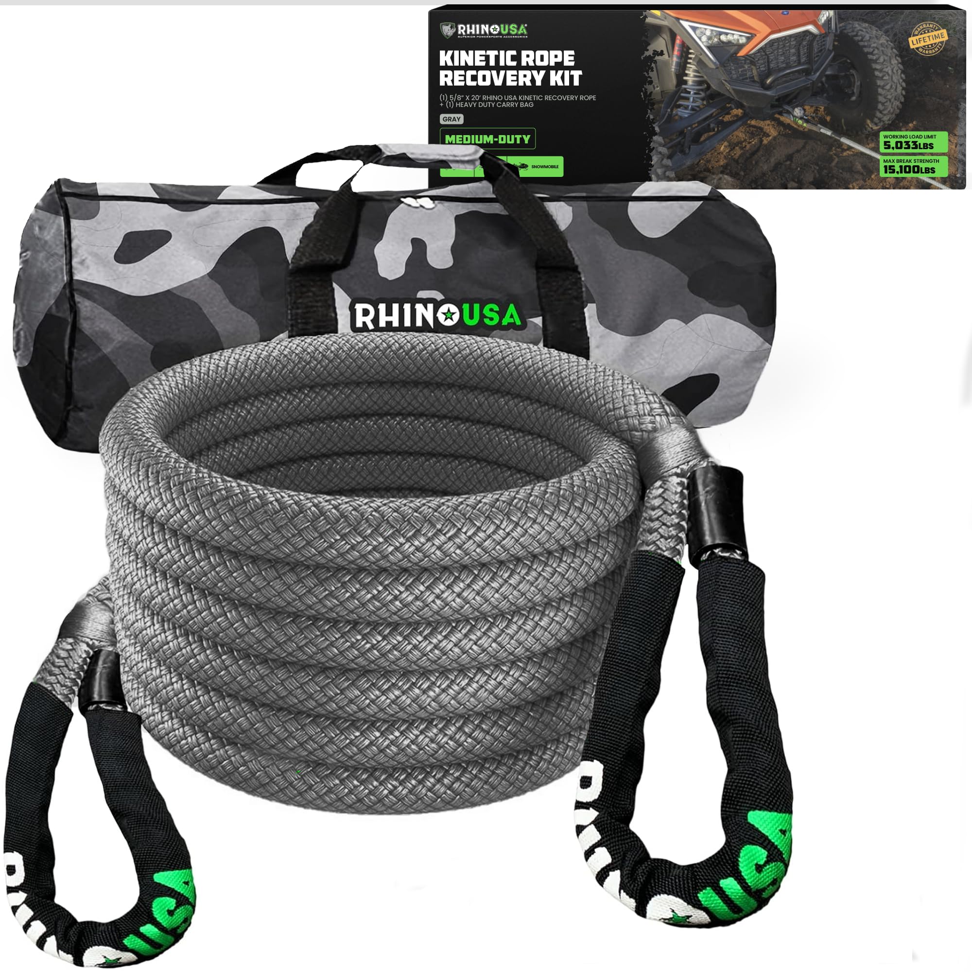 Rhino USAKinetic Energy Recovery Rope (5/8" x 20') Heavy Duty Offroad Snatch Strap for UTV, ATV, Truck, Car, Tractor - Ultimate Elastic Straps Towing Gear - Guaranteed for Life!