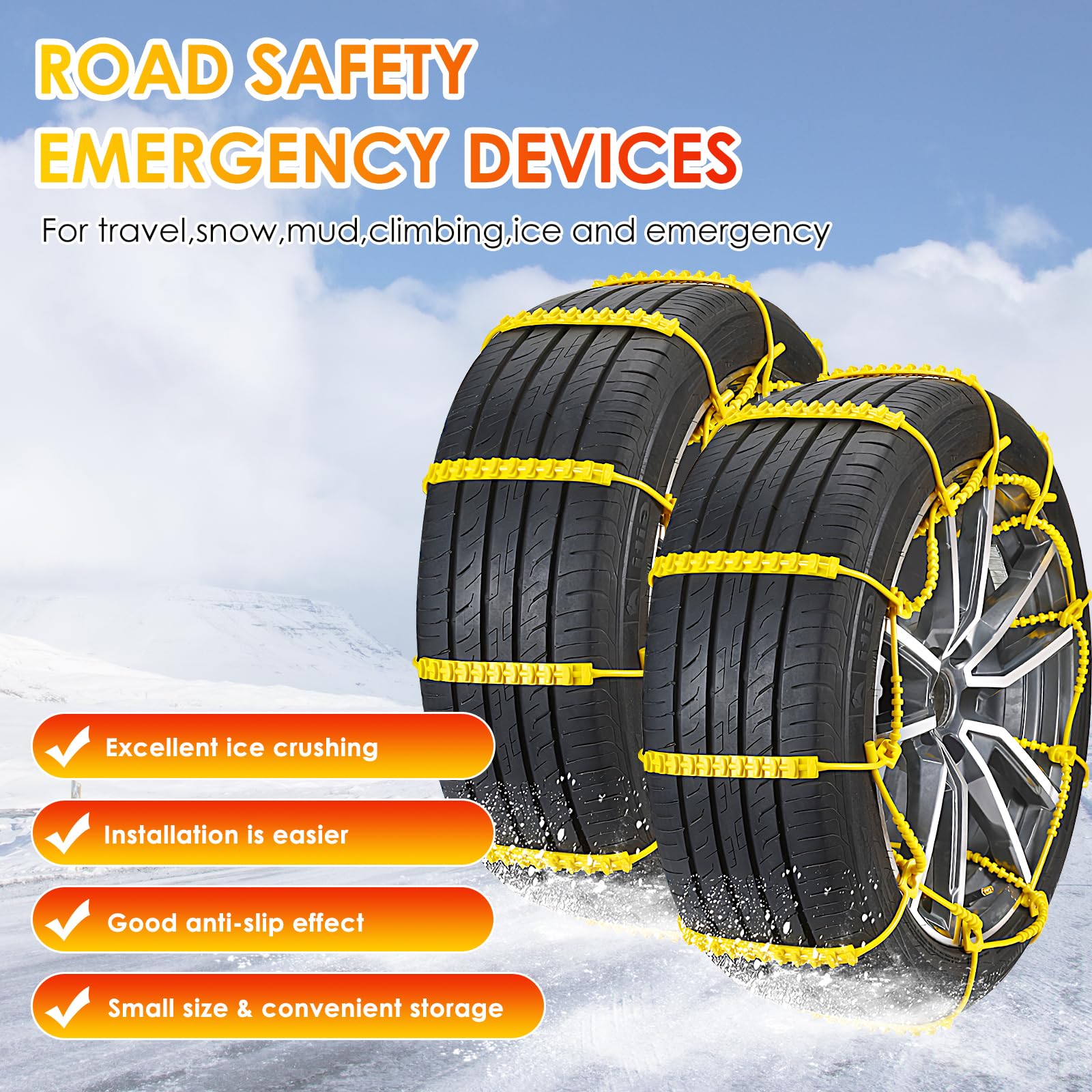 Cadenas de nieve 10 piezas Cadenas ajustables antideslizantes Rueda de neumático para automóvil Camión SUV. Superficie de la carretera, caminos nevados, lodo helado, escalada, ancho 145-295 mm