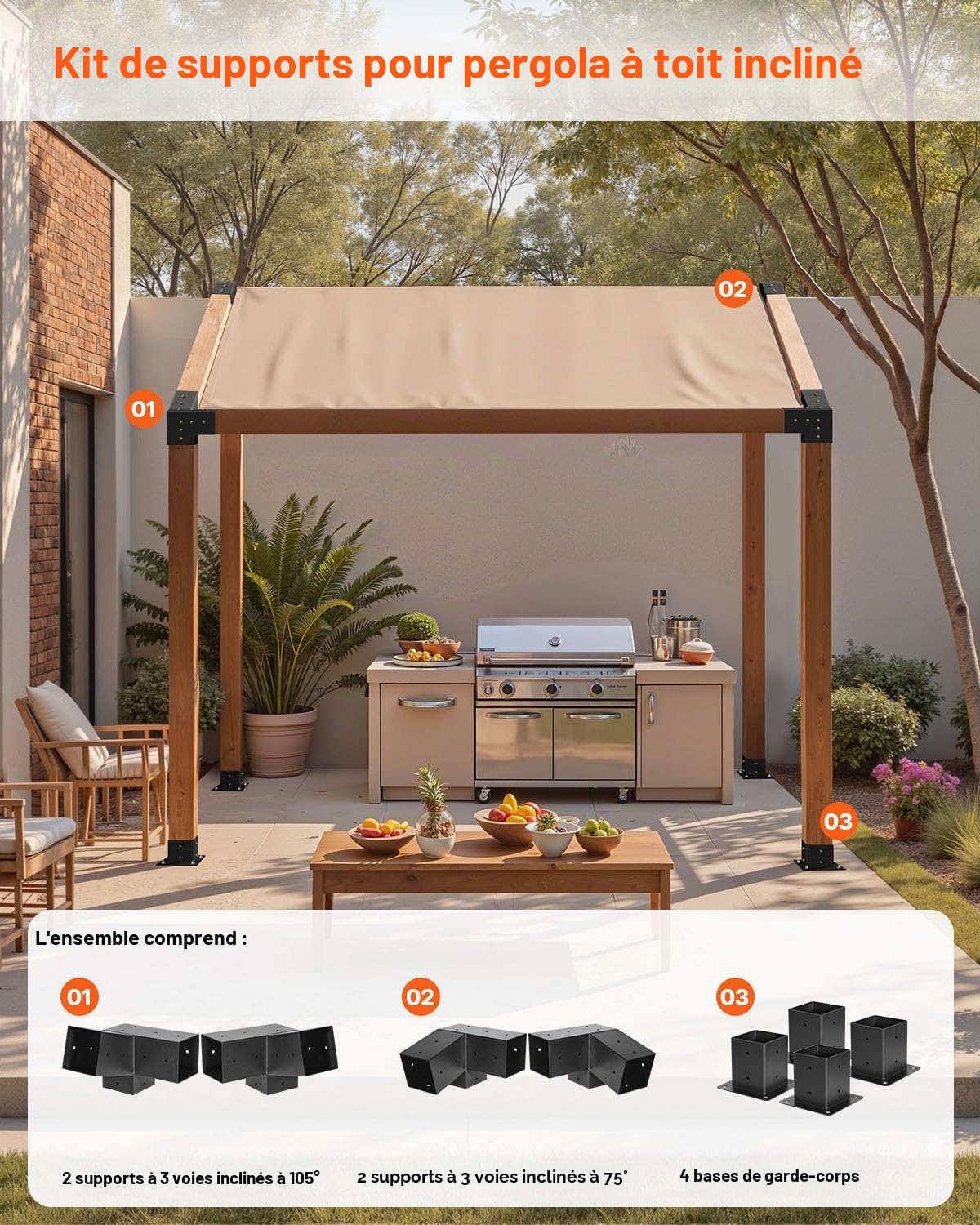 VEVOR Kit Support de Pergola, Lot de 8, Support de Poteau Bois 92x92 mm, Supports d'angle à 3 Voies, avec 4 Bases de Poteaux, pour Poutres Bois Standard à Toit Incliné, Banquet de Fête en Plein Air