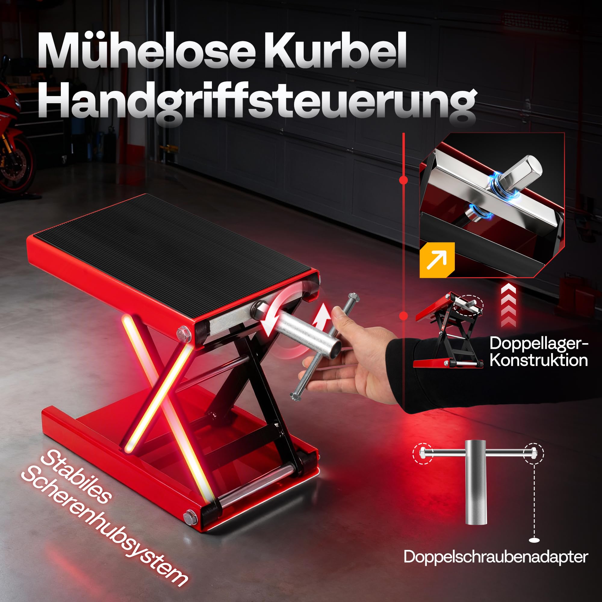 VIVOHOME Motorradhebebühne 500kg Scherenwagenheber aus Stahl Motorradheber mit breites Deck und Kurbel für Motorräder Geländefahrzeuge Dirtbikes