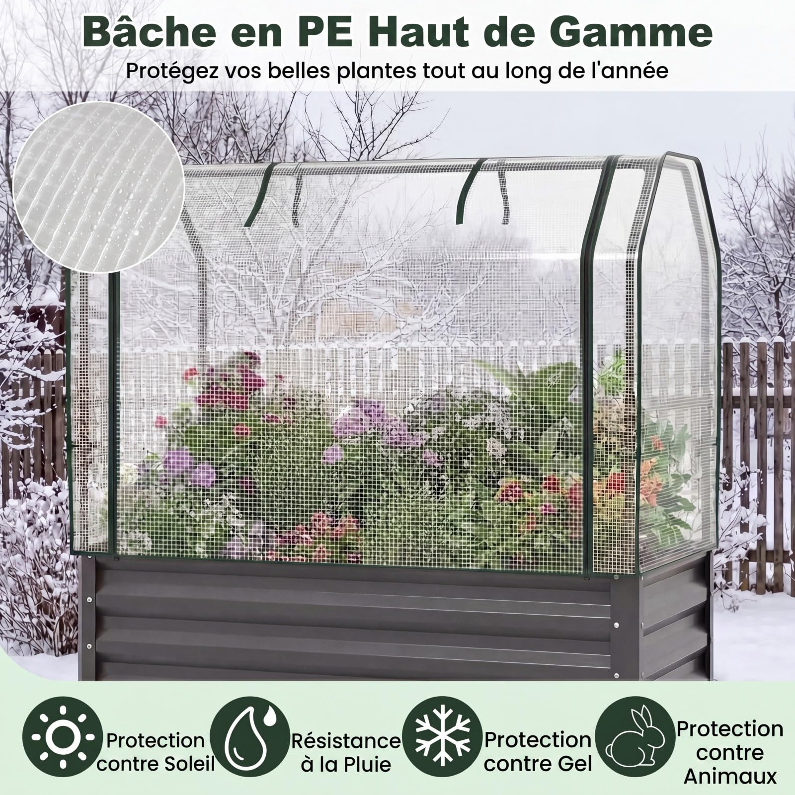 COSTWAY Jardinière Surélevée en Métal avec Serre (Gris) | Carré Potager avec Bâche de Protection, Mini Serre Extérieure avec Porte Zippée Enroulable pour Légumes Plantes Fleurs