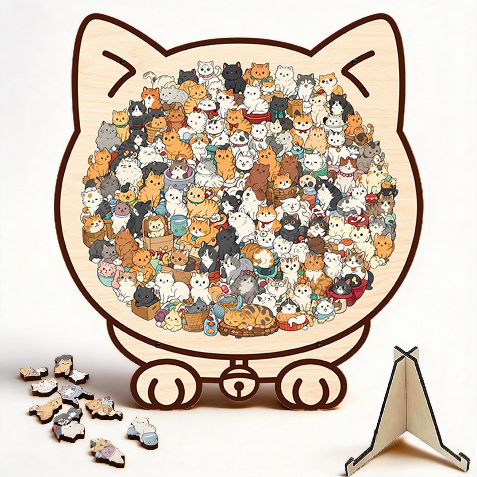 Cat Shaped Wooden Jigsaw Puzzle with Stand, Unique Animal Shape Wood Puzzle, Creative Gifts for Cats Lovers, Home Decorative Display Piece (Cat2)