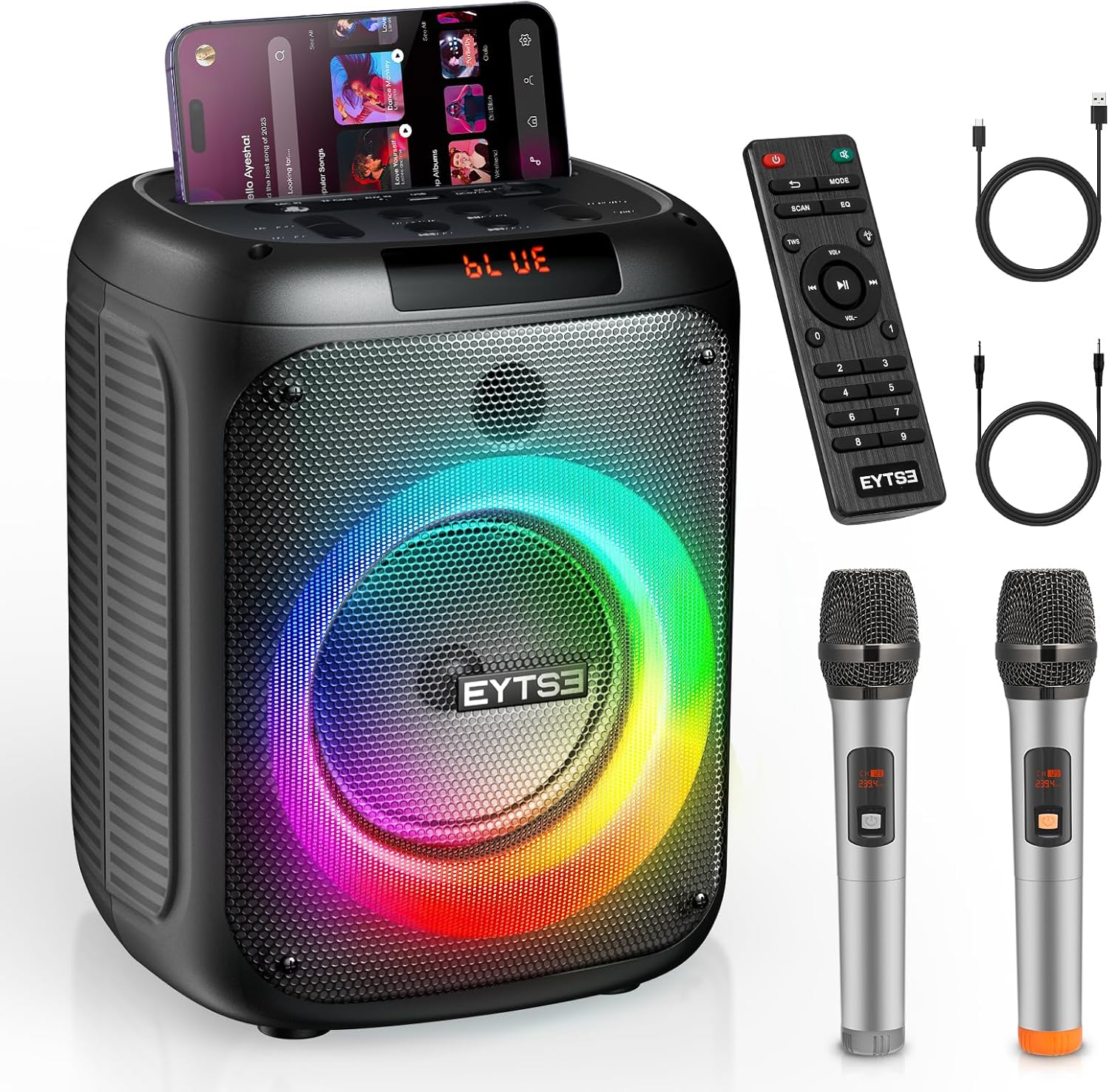 Karaoke Machine for Adults with 2 Wireless Microphones, Portable Bluetooth Speaker with LED Lights, PA System with Echo Adjustment Support TWS/TF/USB/AUX/REC for Home Party Outdoor