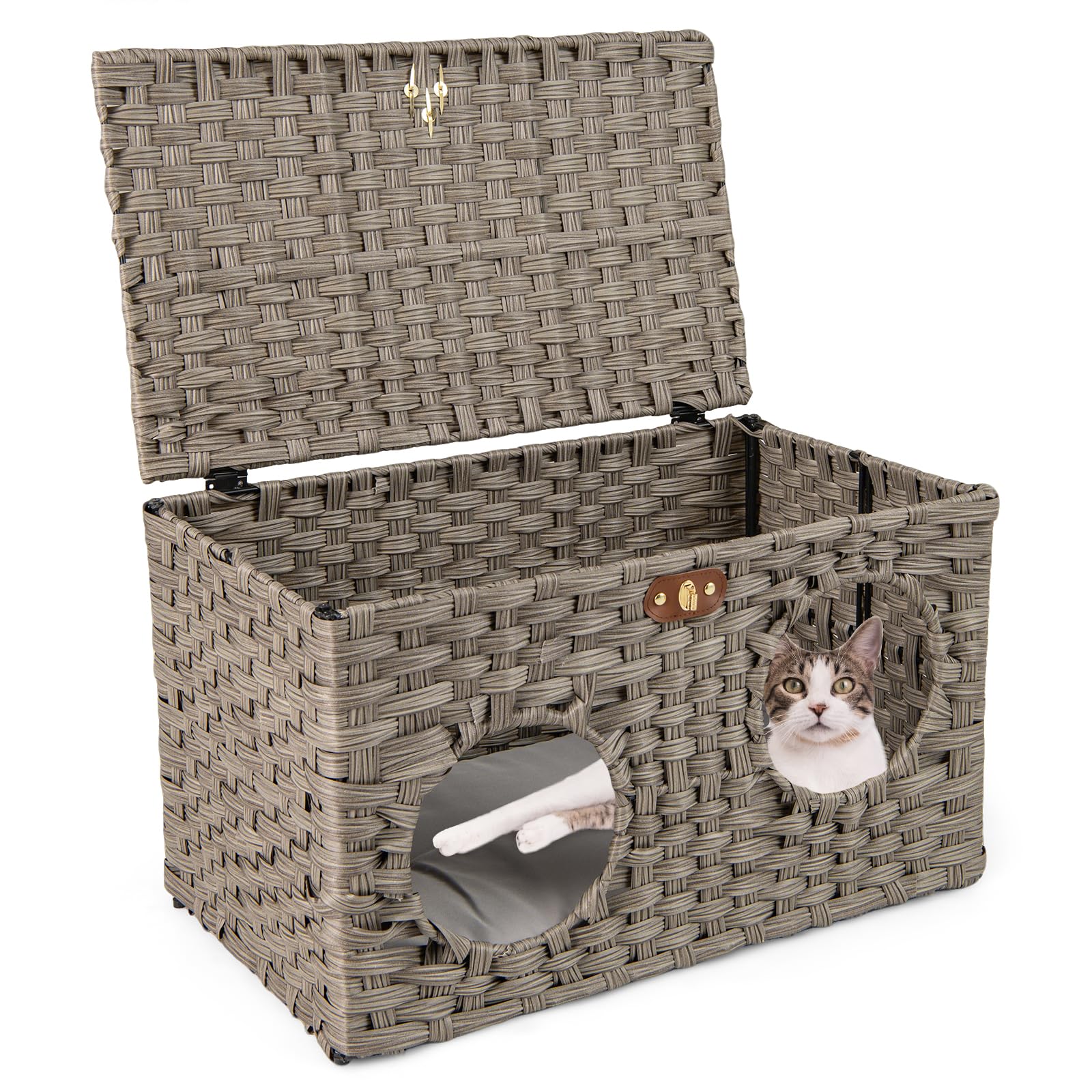 COSTWAY Katzenhaus aus PE-Rattan, Klappbar, Katzenbett mit abnehmbaren Kissen & abschließbarer Deckel, Katzenschrank für kleine mittlere Katzen, Indoor Katzenmöbel, 60 x 35 x 35 cm