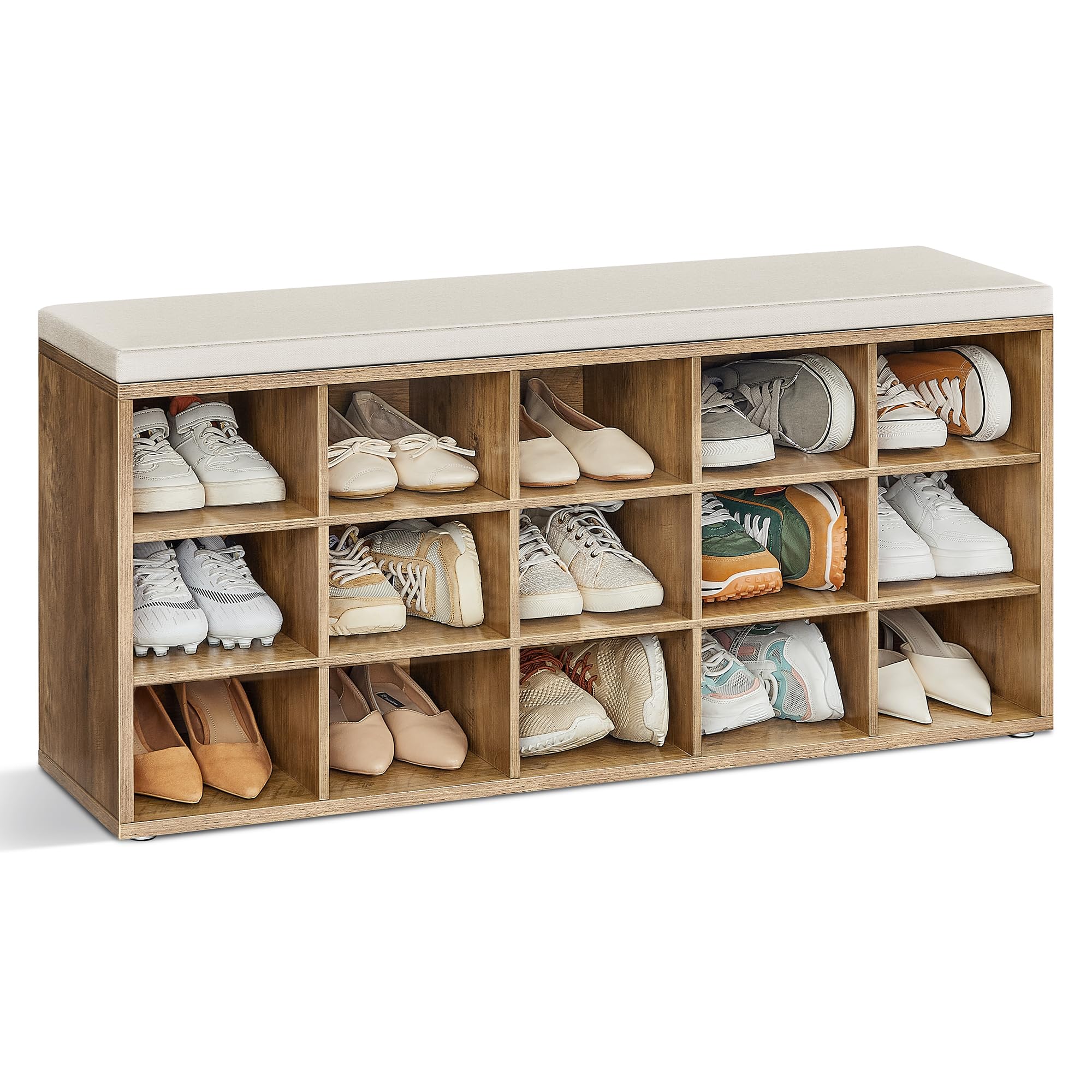 VASAGLE Banco Zapatero, Mueble Zapatero, Banco Recibidor con 15 Compartimentos y Asiento Acolchado, 30 x 105 x 48 cm, Entrada, Dormitorio, Sala de Estar, Marrón Miel y Beige Capuchino LHS015K02