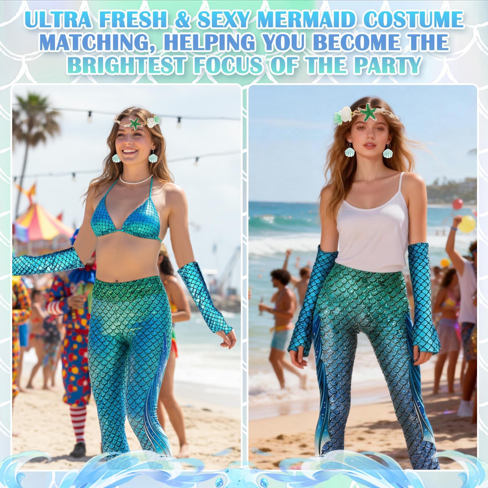 Meanju Leggings a Forma di Sirena, Costume da Sirena da Donna e Ragazza, Cerchietto Capelli Guanti Orecchini a Forma di Conchiglia Collane di Perle, per Costume di Carnevale,Giochi di Ruolo,Feste