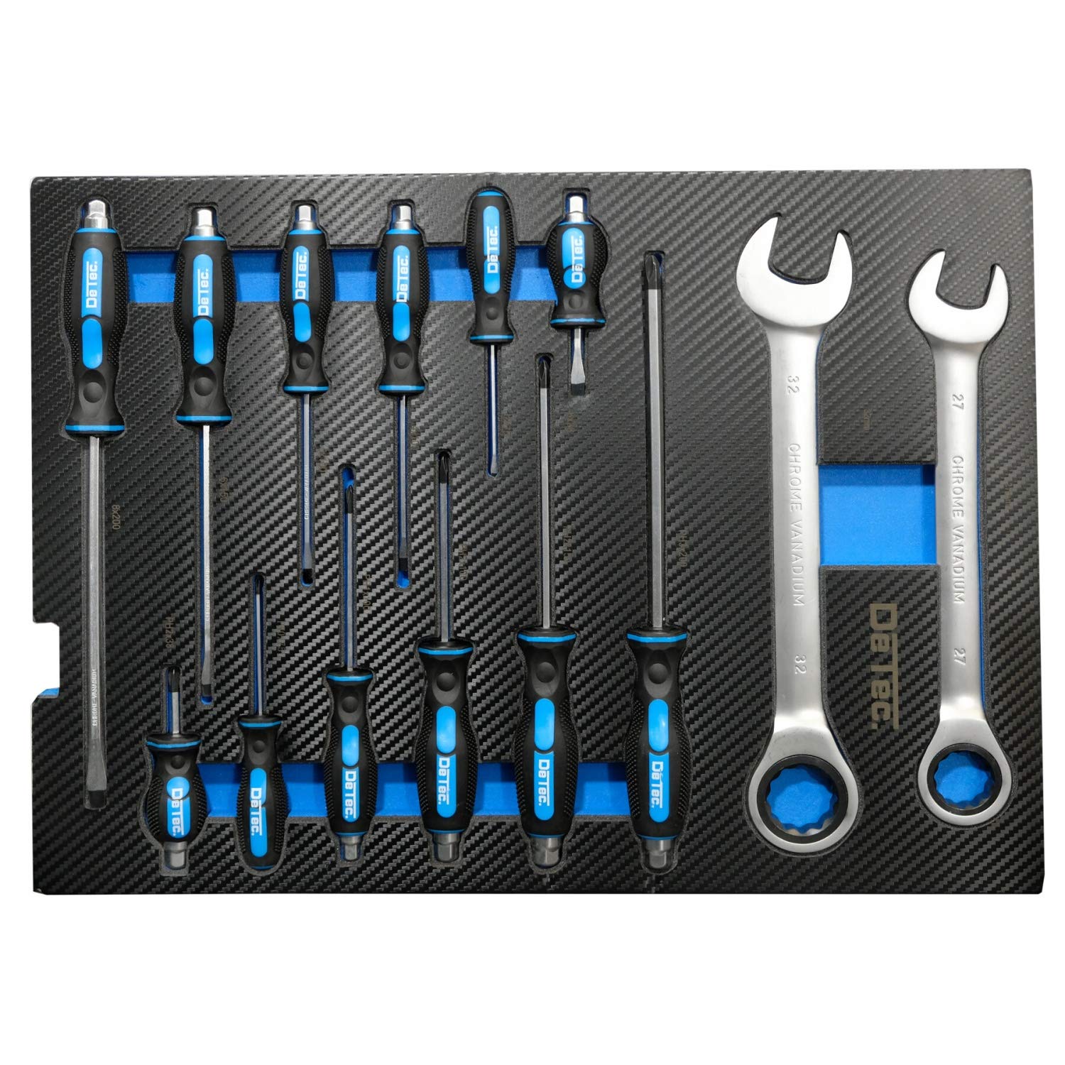 DeTec. 3066 Servante d'atelier 6/6 tiroirs avec boîte à Outils Pliable (Caisse à Outils portative avec Plateaux à Outils Aspect Carbone)