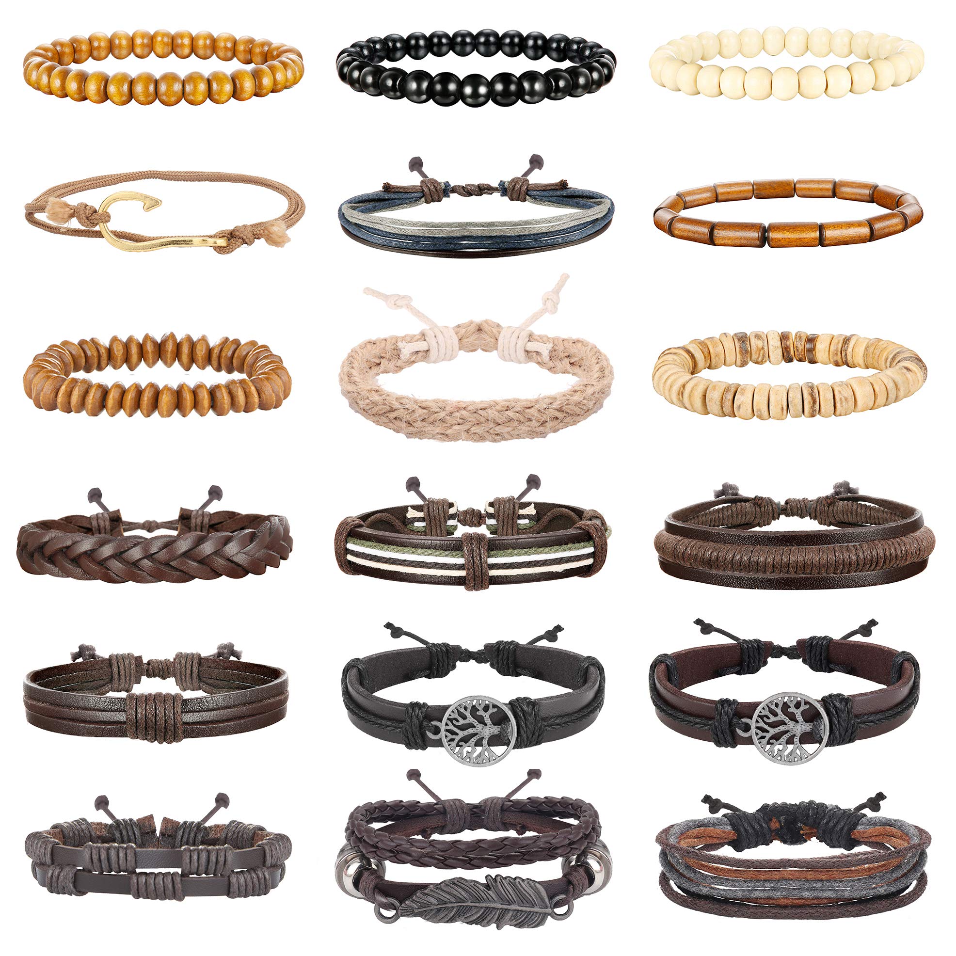 HANPABUM 18pcs Braided Leather Bracelets for Men Women Woven Cuff Wrap Bracelet Wood Beads Ethnic Tribal Bracelets Adjustable