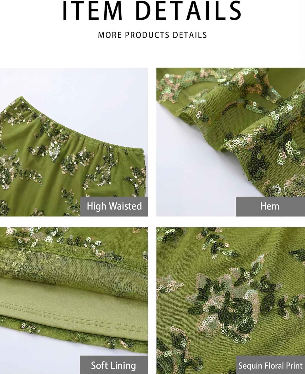 DERAX Women's Sequin Mesh Floral Mini Skirt Sparkly Glitter Elastic Waist Vacation Clubbing 2026 Summer Short Skirts - Image 4