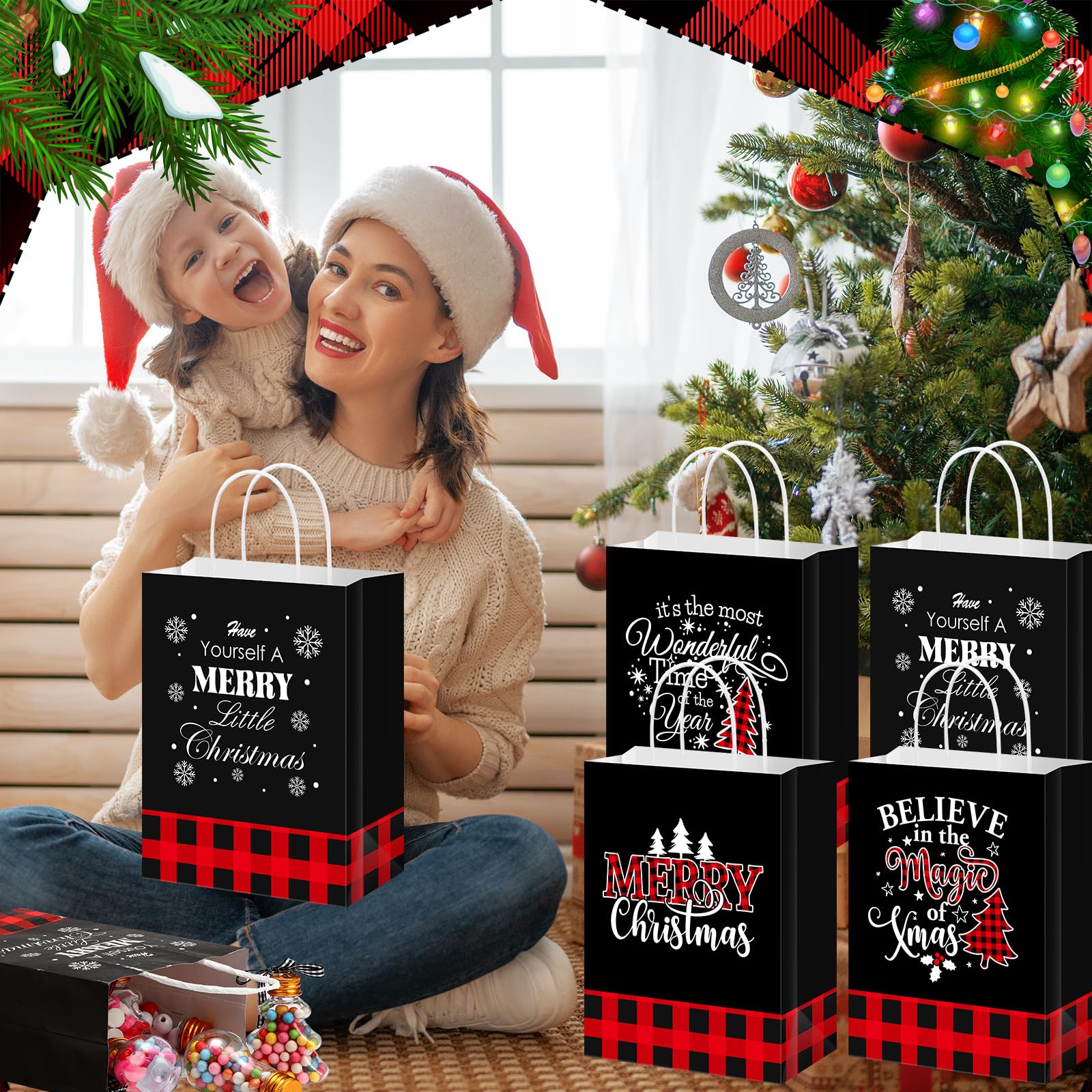 Qilery 100 bolsas de regalo de papel a cuadros de búfalo de Navidad, bolsas de dulces de Navidad con asa, bolsas de regalo de fiesta a cuadros para regalos de Navidad, envolver suministros de fiesta
