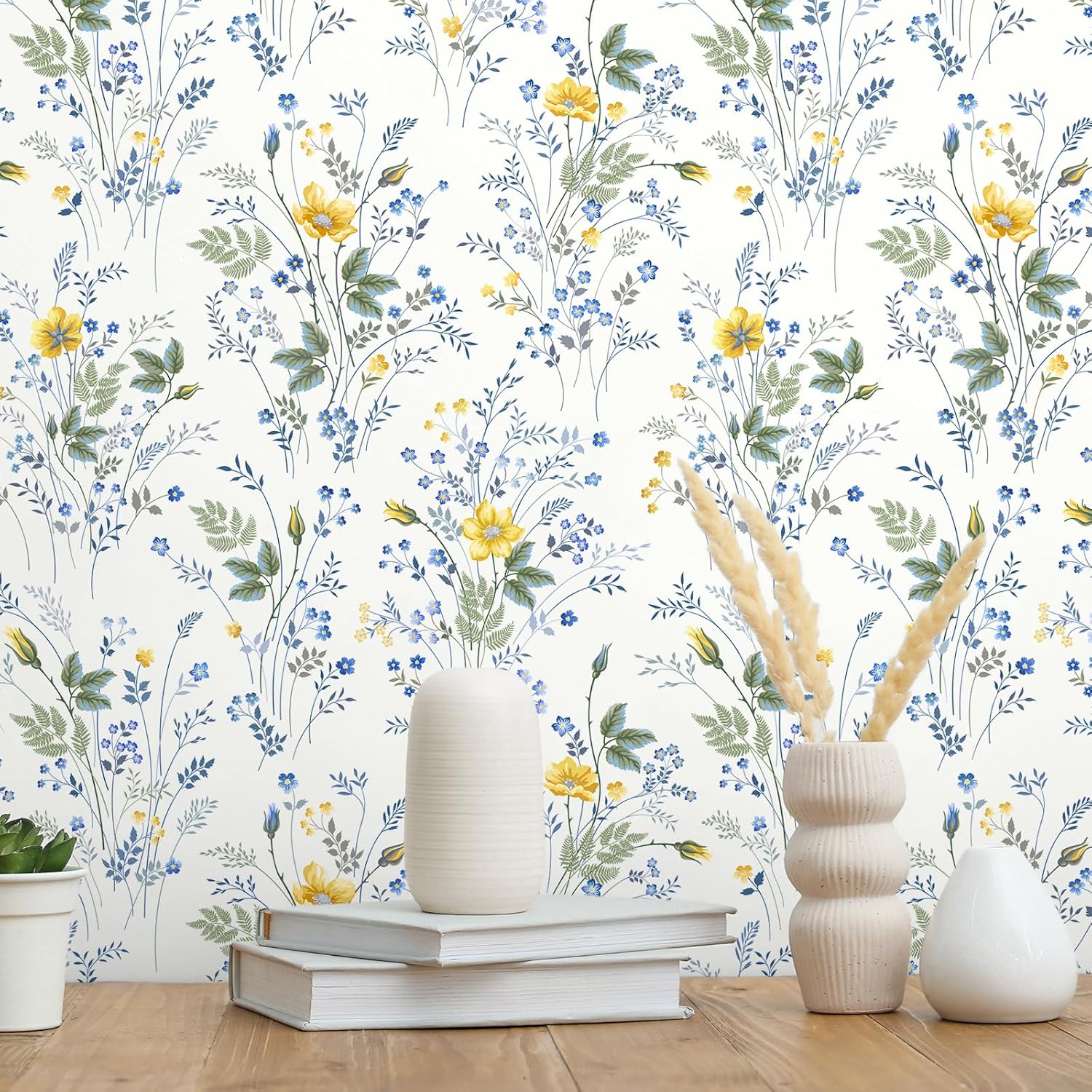 VEELIKE Meadow Floral Peel and Stick Wallpaper Boho Yellow Blue Floral Wallpaper for Bedroom Nursery 17.7''x354'' Removable Self Adhesive Botanical Wall Paper Flower Contact Paper for Cabinets Drawers