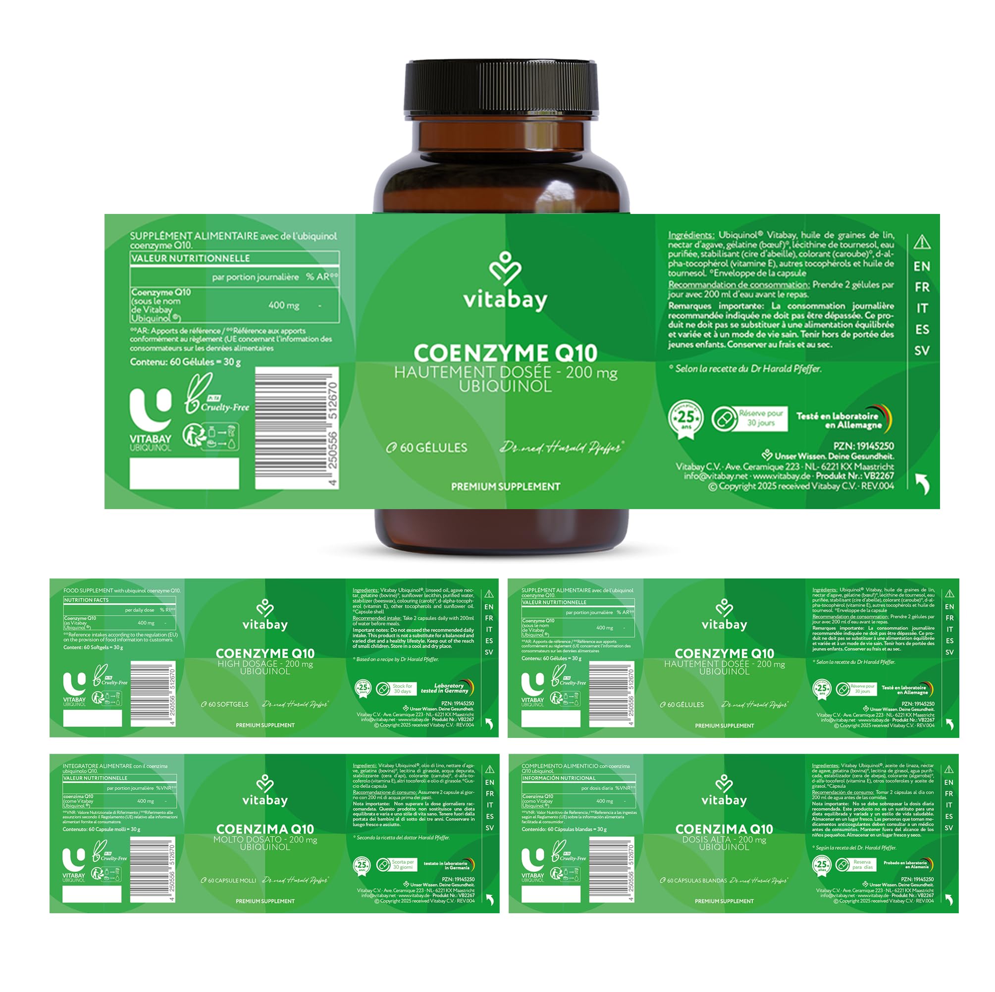 Vitabay Coenzyme Q10 Ubiquinol 200 mg – 60 capsules – hautement dosé – Q10 naturel sous forme active (ubiquinol) issu de fermentation végétale – sans additifs & testé en laboratoire en Allemagne