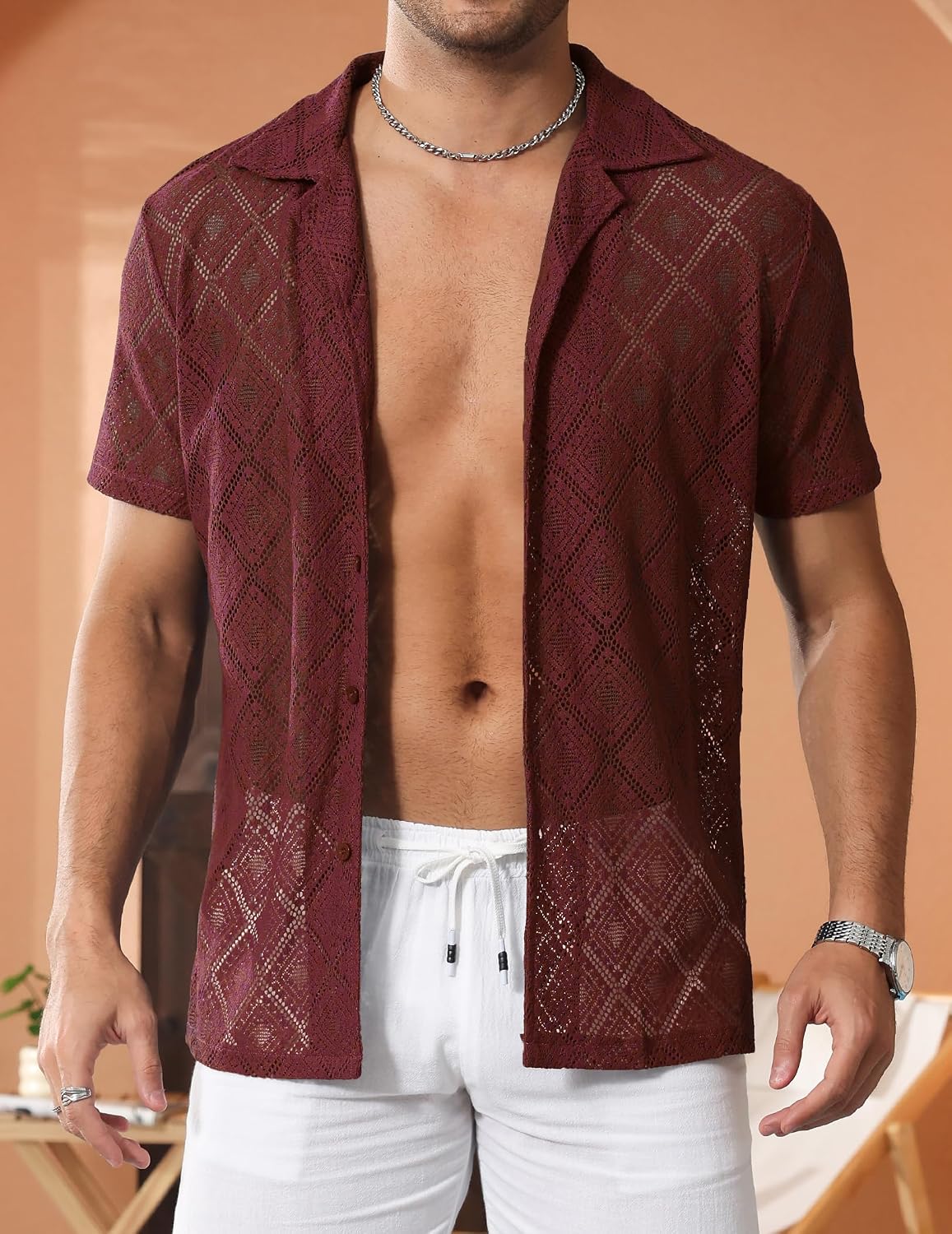 Mens Floral Lace Shirt Hollow Out Sheer See Through Short Sleeve Casual Button Down Beach Shirts