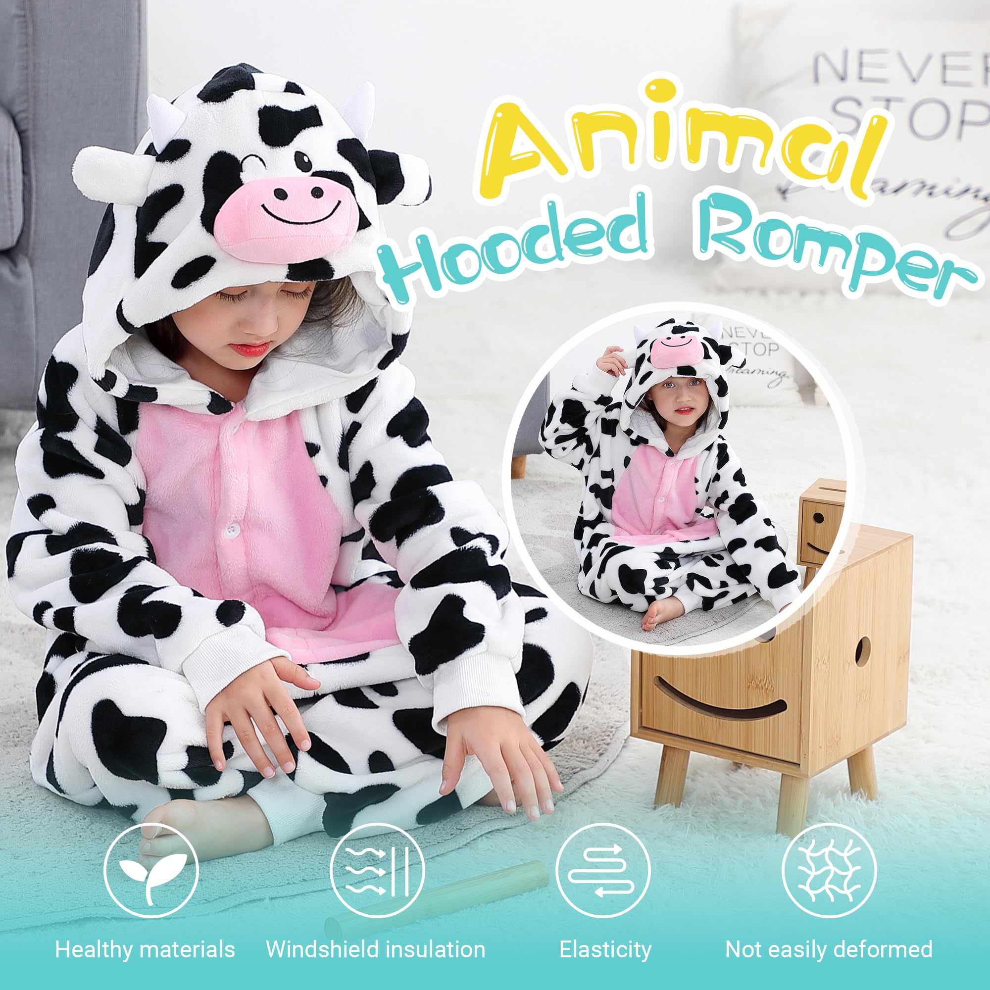 MICHLEY Animal Hooded Romper Kids Flannel Halloween Cosplay Pajamas Costume 3-12T for Autumn Winter, Cow, 11-12T, Size140