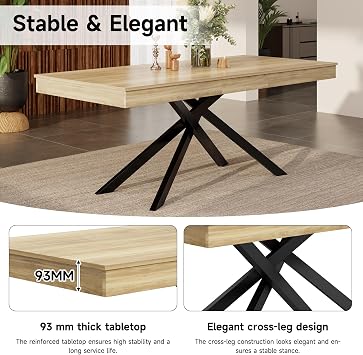 Extendable Dining Table for 6-8 People, Rectangular Kitchen Dining Table with Thickened Oak Tabletop & Metal Legs, Modern Space Saving Dining Tables for Dining Room, Kitchen (Table Only)