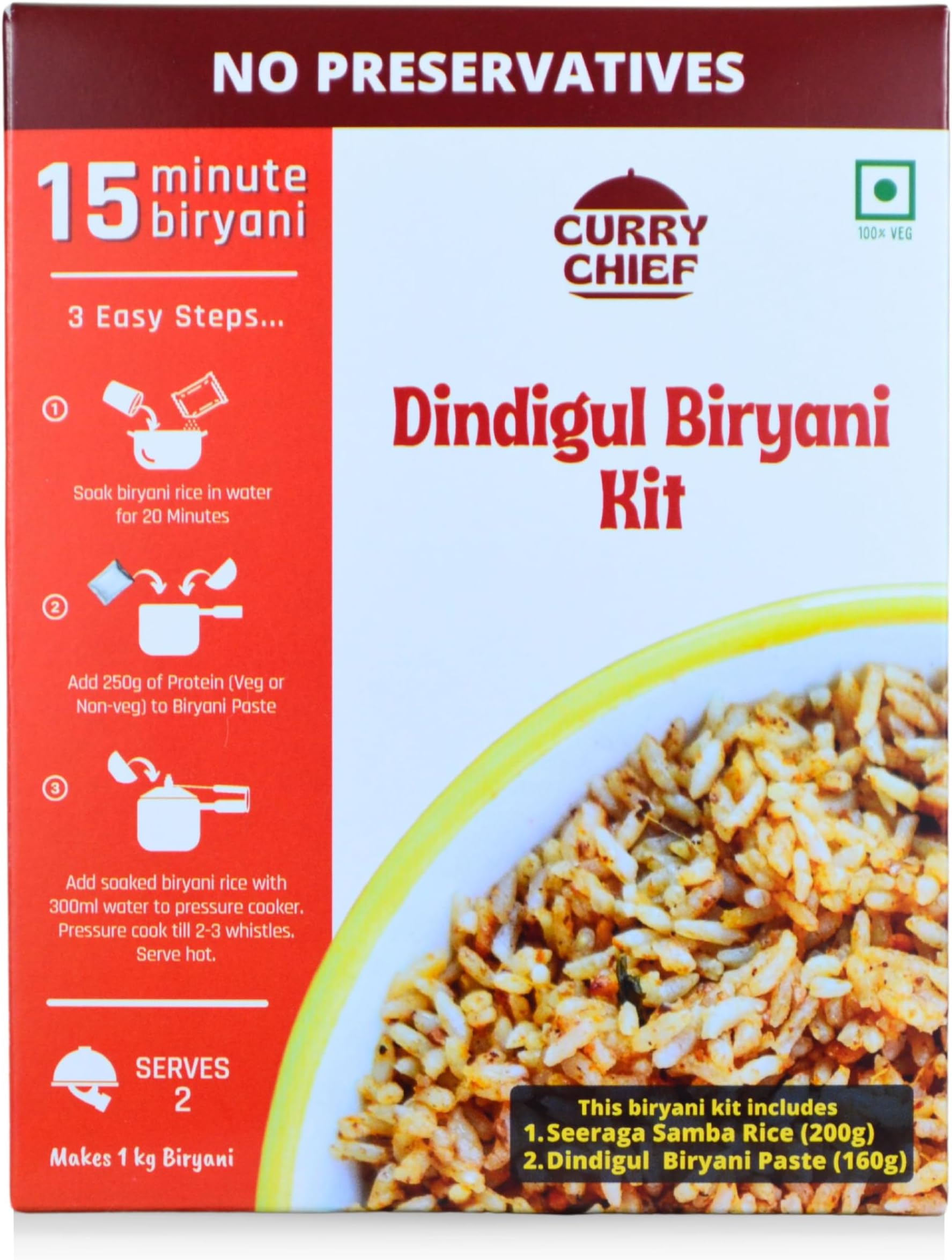 CurryChief Dindigul Biryani Kit | Includes Biryani Paste (175g) and Biryani Rice (200g) Just add Protein to cook | Cook in Just 15 Minutes | Ready to Cook | 100% Veg | 100% Natural | No Preservatives | Premium Ingredients | Cow Ghee | Serves 2-3