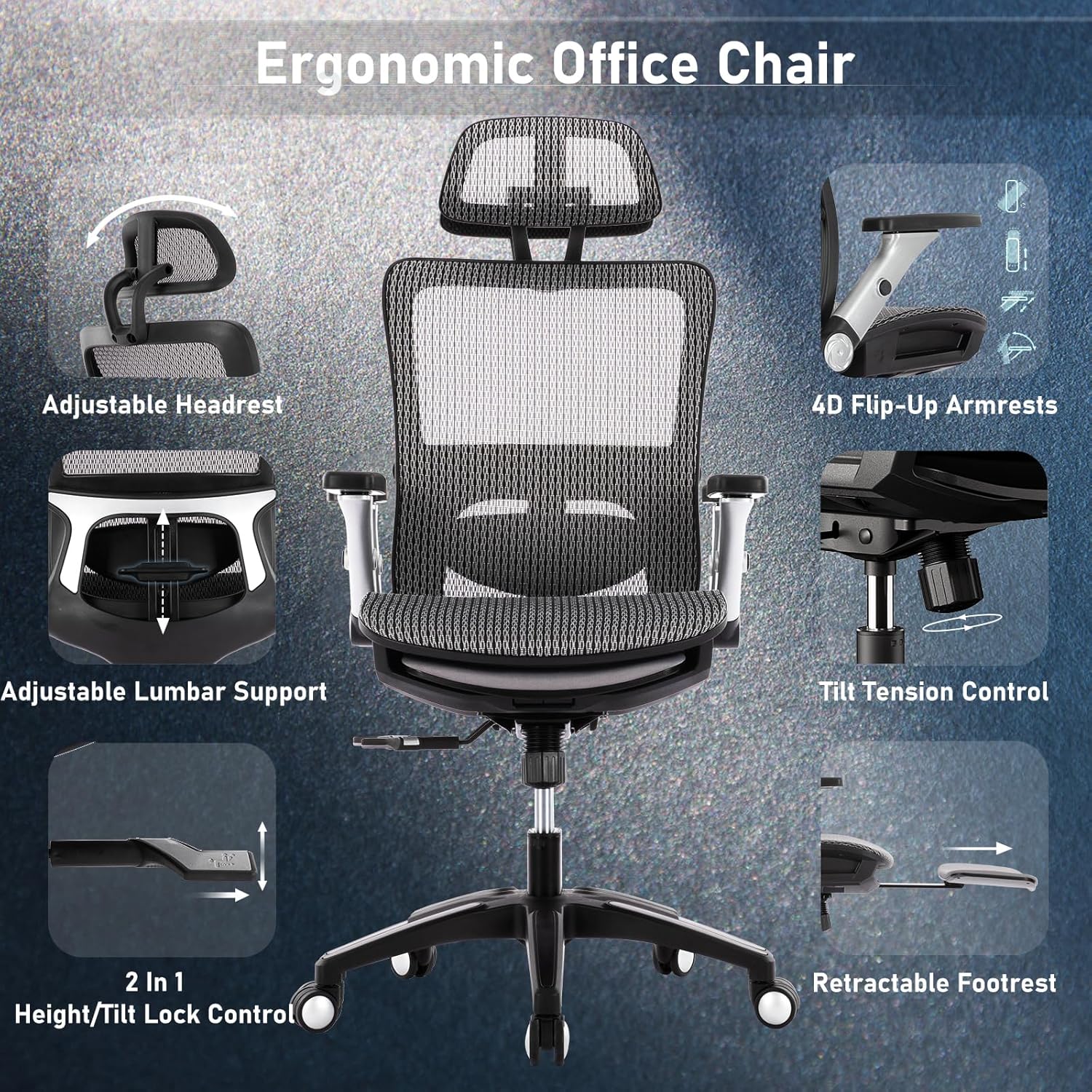 Ergonomic Mesh Office Chair with Footrest, Adjustable Lumbar Support, Headrest and Tilt Lock, 4D Flip-up Arms, High Back Computer Gaming Chair, Swivel Executive Desk Chair-Grey