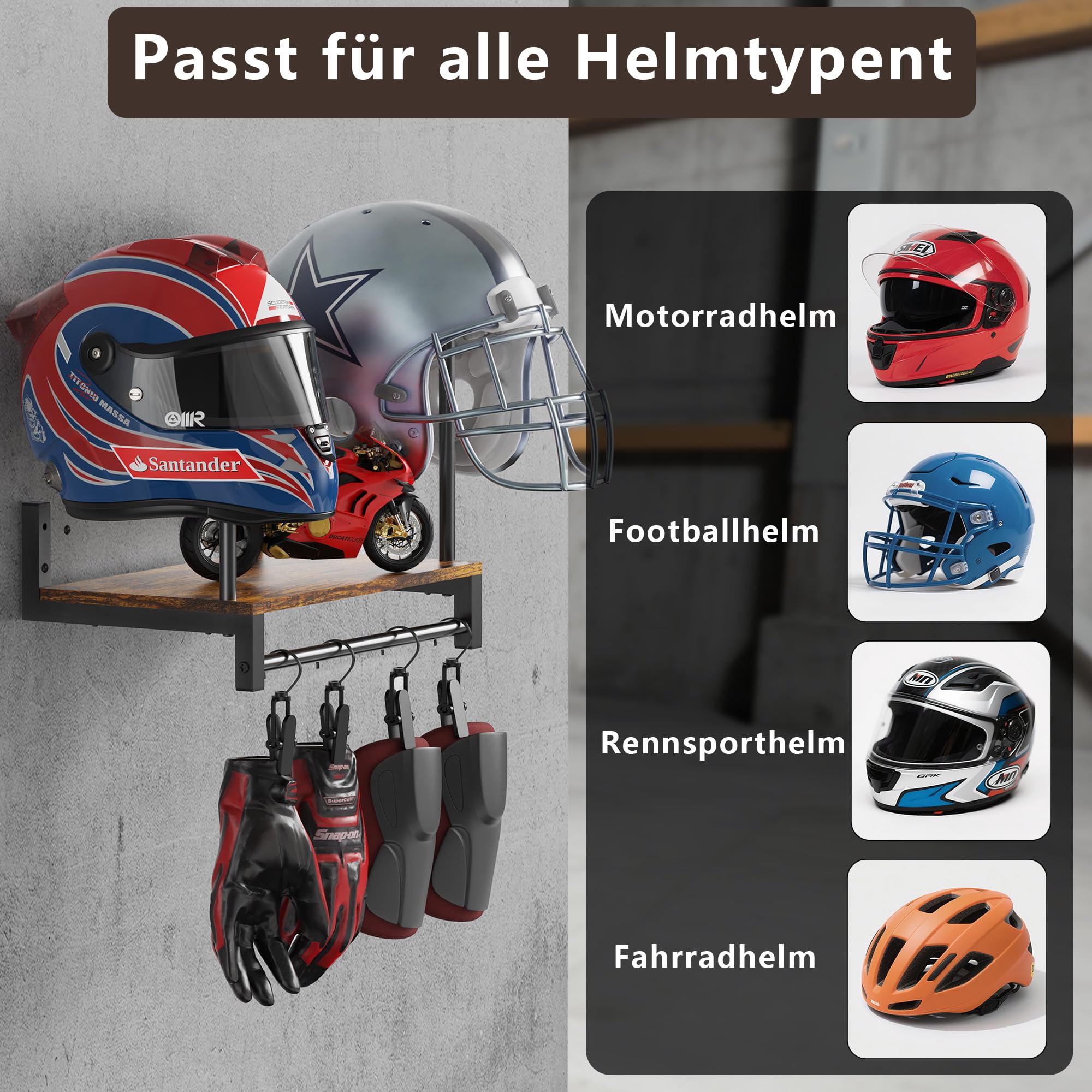 THYGIFTREE Soporte para casco para 2 cascos, soporte de pared para casco de motocicleta con 4 clips para colgar, almacenamiento versátil de accesorios de motocicleta para motocicleta, fútbol, béisbol