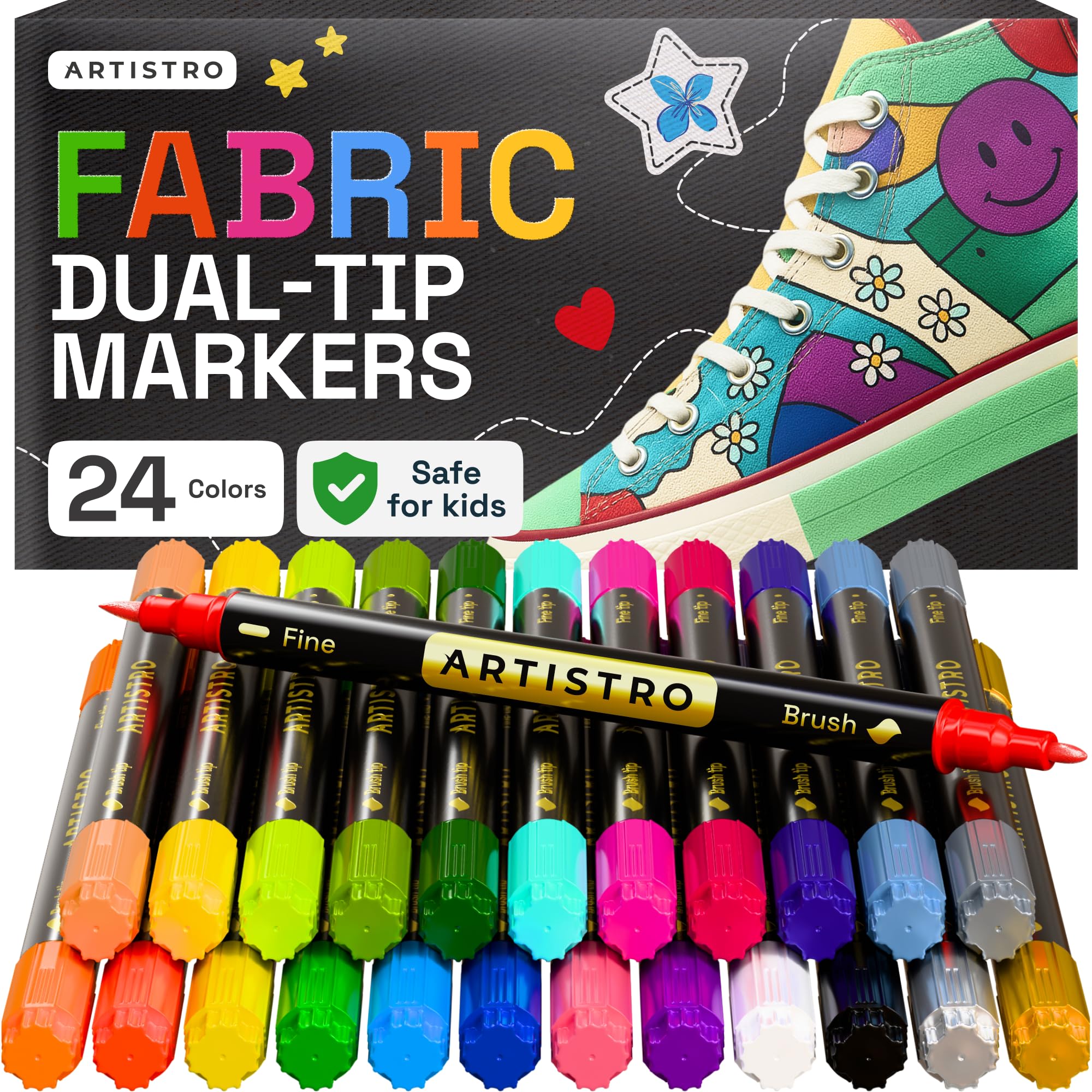 (Similar) ARTISTRO 24 Dual-Tip Fabric Markers - Fabric Decorating Kit - Permanent for Clothes - Acrylic Paint Pens for Sneakers, Bags, Shoes, Textile, Canvas, Sewing, Craft, DIY, and More - Brush and Fine Tip
